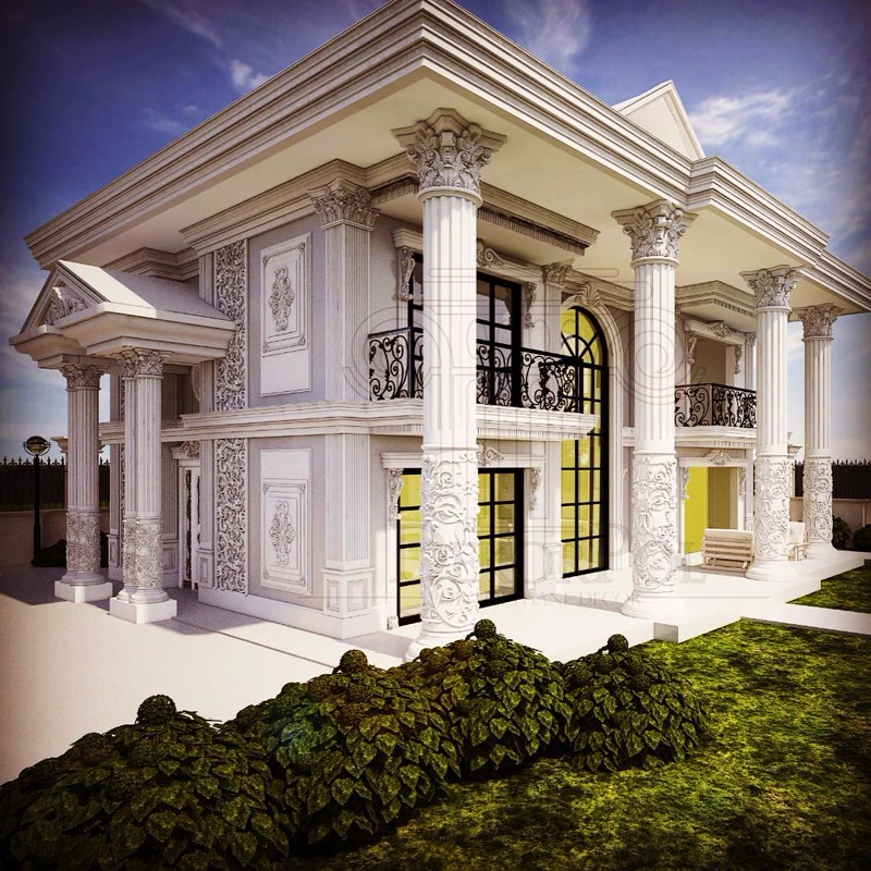 Poliüretan dev sütun, pilaster ve pencere sövesi kaplamalı iki katlı klasik villa dış cephe dekorasyonu.