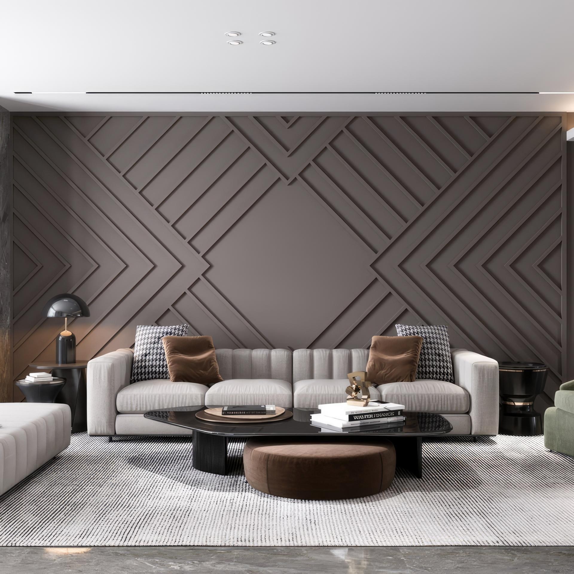 Koyu vizon renkte geometrik desenli poliüretan duvar çıtası kaplamalı modern ve ekonomik salon dekorasyonu.