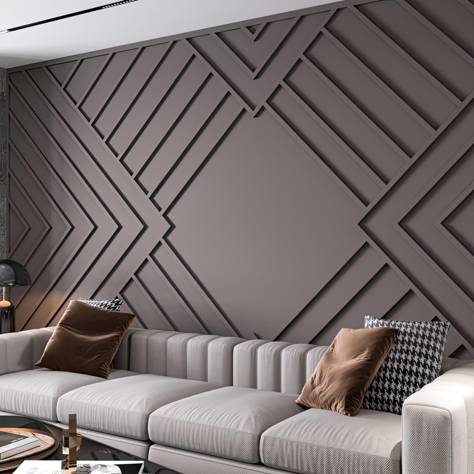 Salon duvarında P851350 poliüretan çıta kullanılarak yapılmış modern geometrik desenli duvar kaplama çalışması.