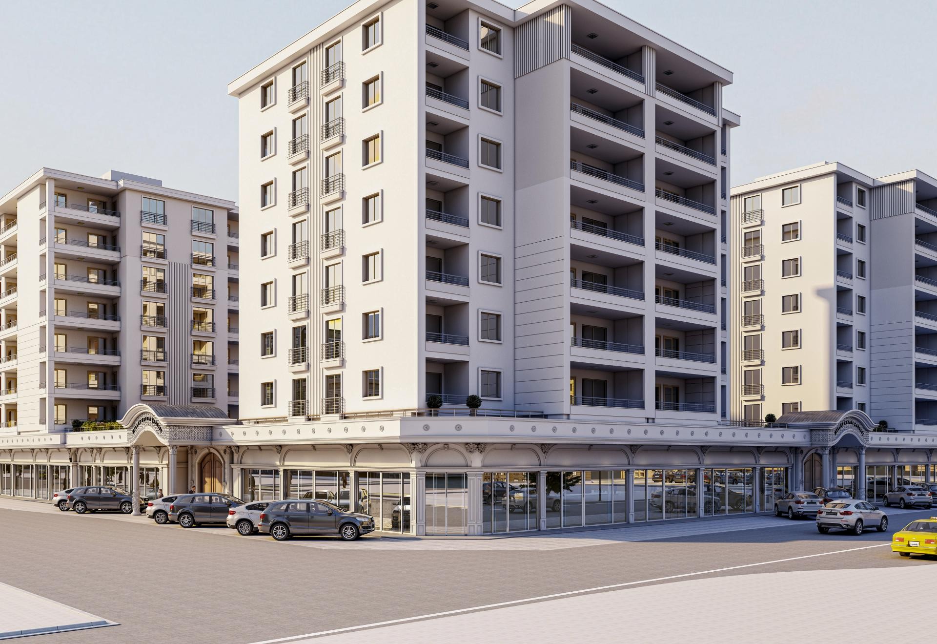 Poliüretan dış cephe kaplama, pilaster sütun, pencere sövesi ve dükkan kemer modelleri ile ticari bina tasarımı.