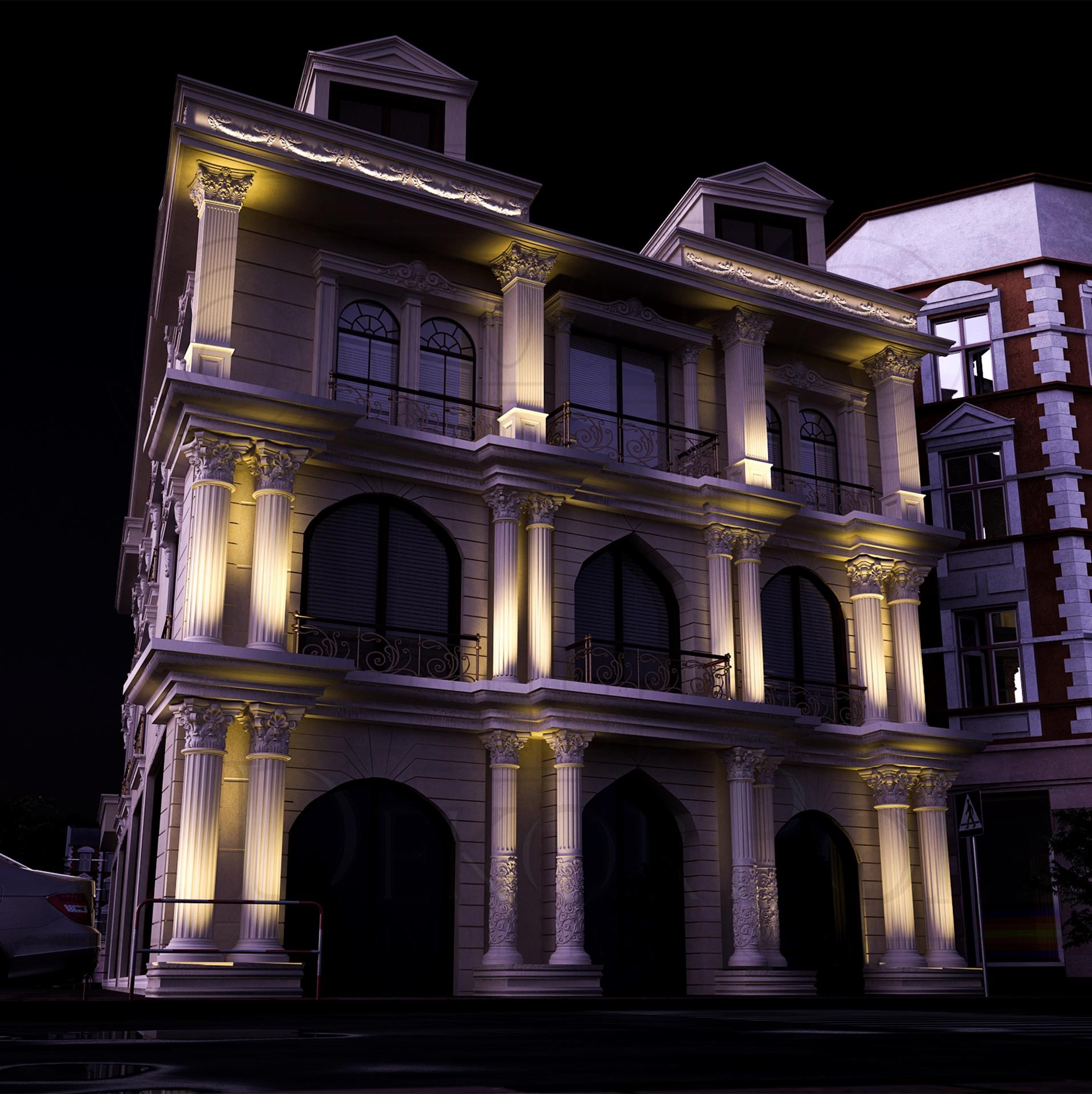 Aydınlatmalı klasik dış cephede kullanılan poliüretan sütun, pilaster, pencere sövesi ve dekoratif kaplama modelleri.