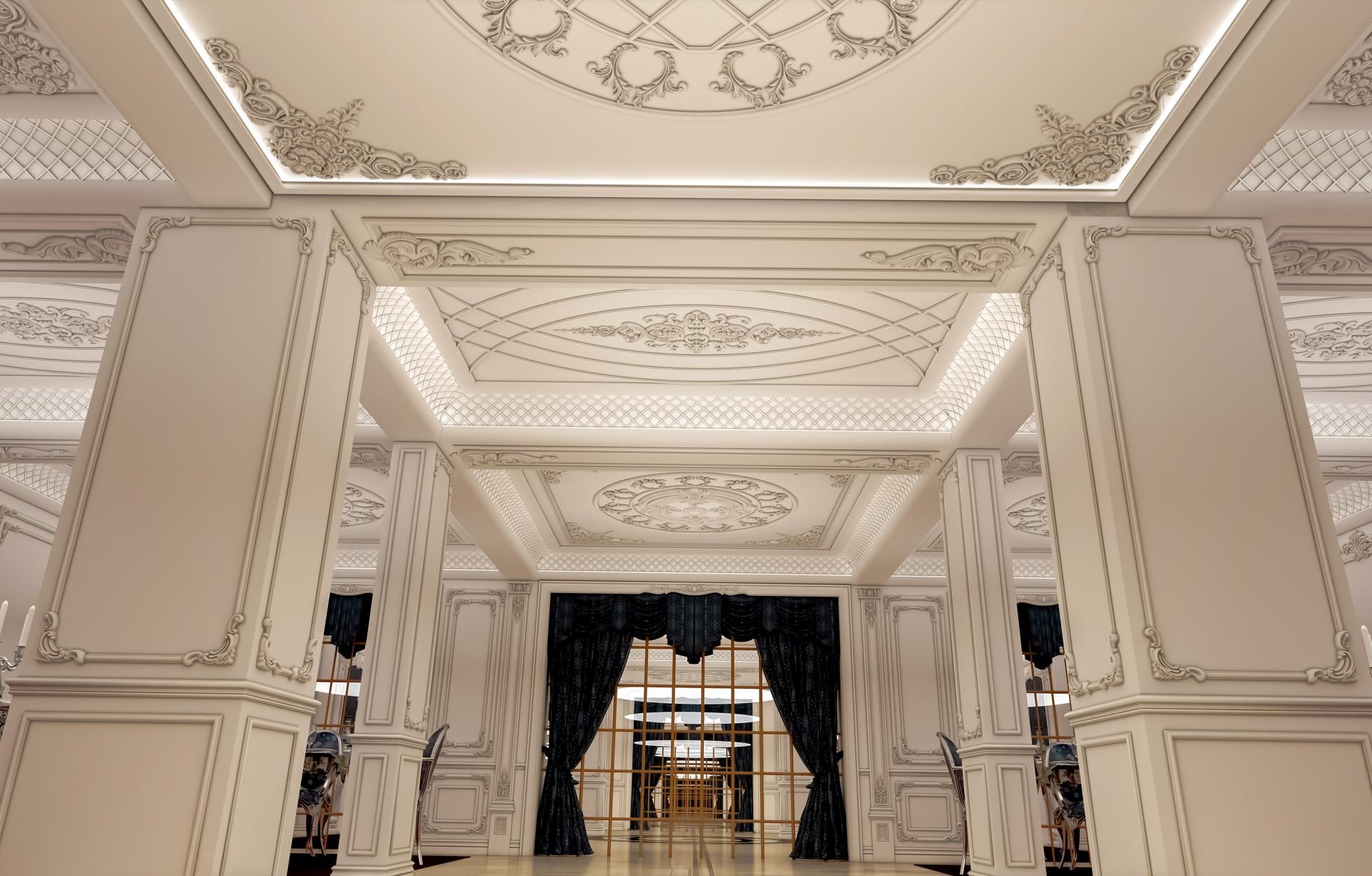 Poliüretan pilaster sütun, tavan göbeği ve kartonpiyer çıta modelleri ile dekore edilmiş geniş iç mekan tasarımı.