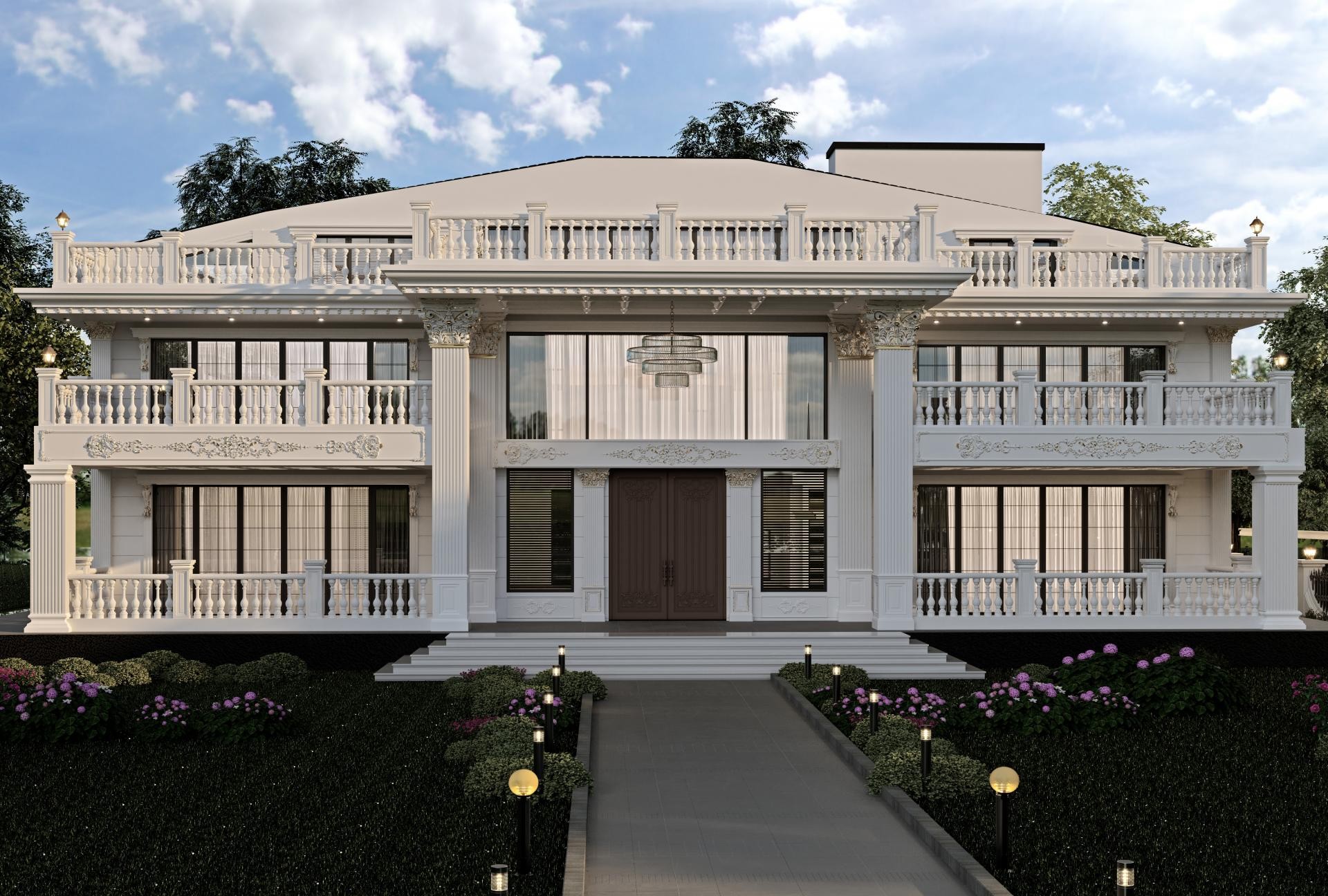 Poliüretan pilaster sütun, pencere sövesi ve balkon korkuluğu ile dekore edilmiş beyaz klasik villa dış cephesi