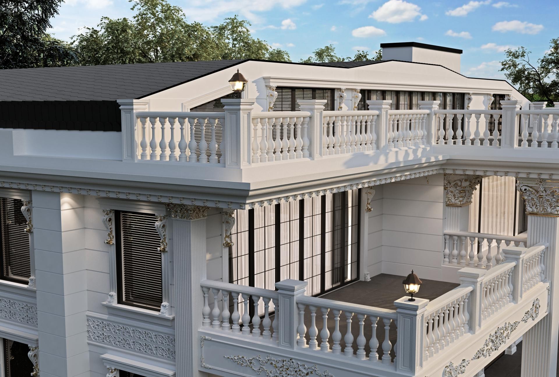 Klasik villa dış cephesinde uygulanan poliüretan pilaster sütun, pencere sövesi ve balkon küpeşte detayları.