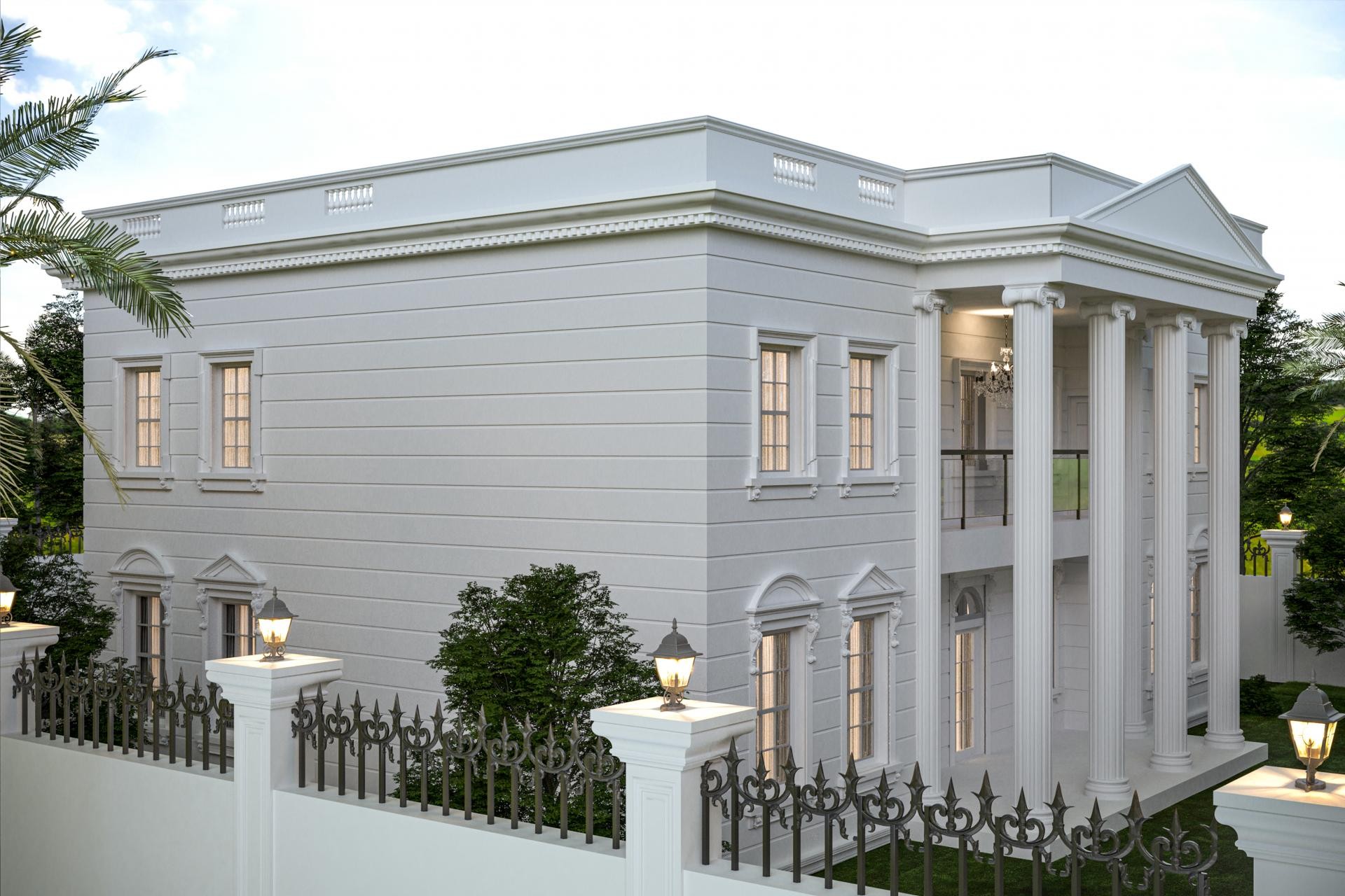 Klasik villa dış cephesinde kullanılan poliüretan sütun kaplamaları, pencere söveleri ve balustrad korkuluk modelleri.