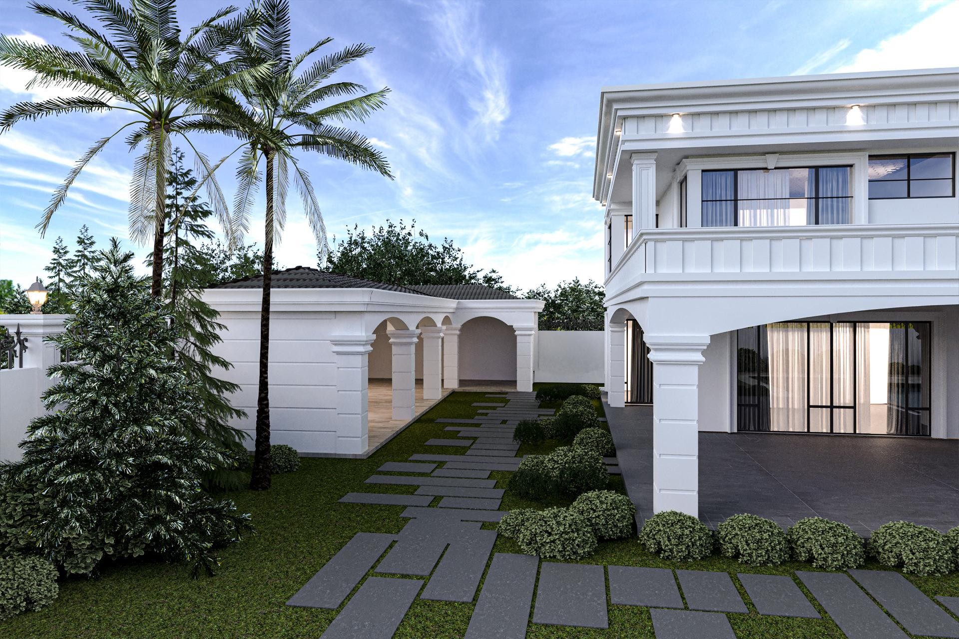 Lüks villa dış cephesinde kullanılan beyaz poliüretan söve, pilaster sütun ve kemer kaplama detayları.