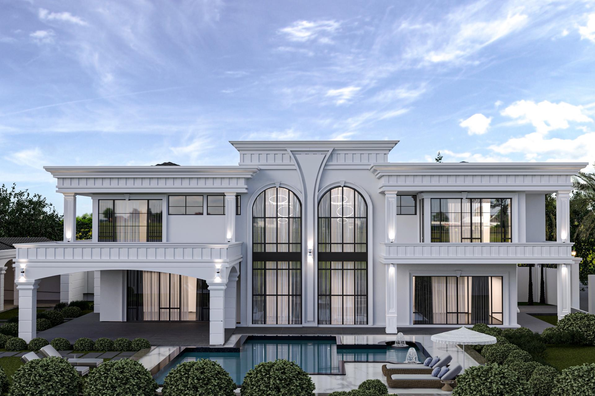 Geniş kemerli pencereleri, pilaster sütunları ve beyaz söve kaplamaları olan iki katlı havuzlu modern klasik villa cephesi.