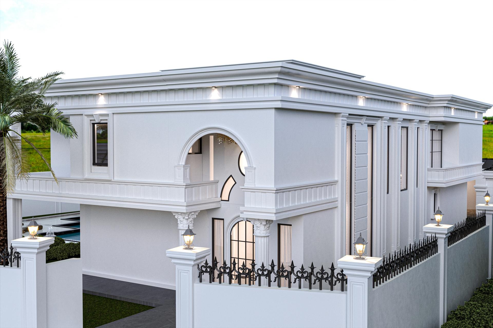 Poliüretan söve ve pilaster sütun kaplamalı iki katlı beyaz klasik villa dış cephe tasarımı ve bahçe duvarı.