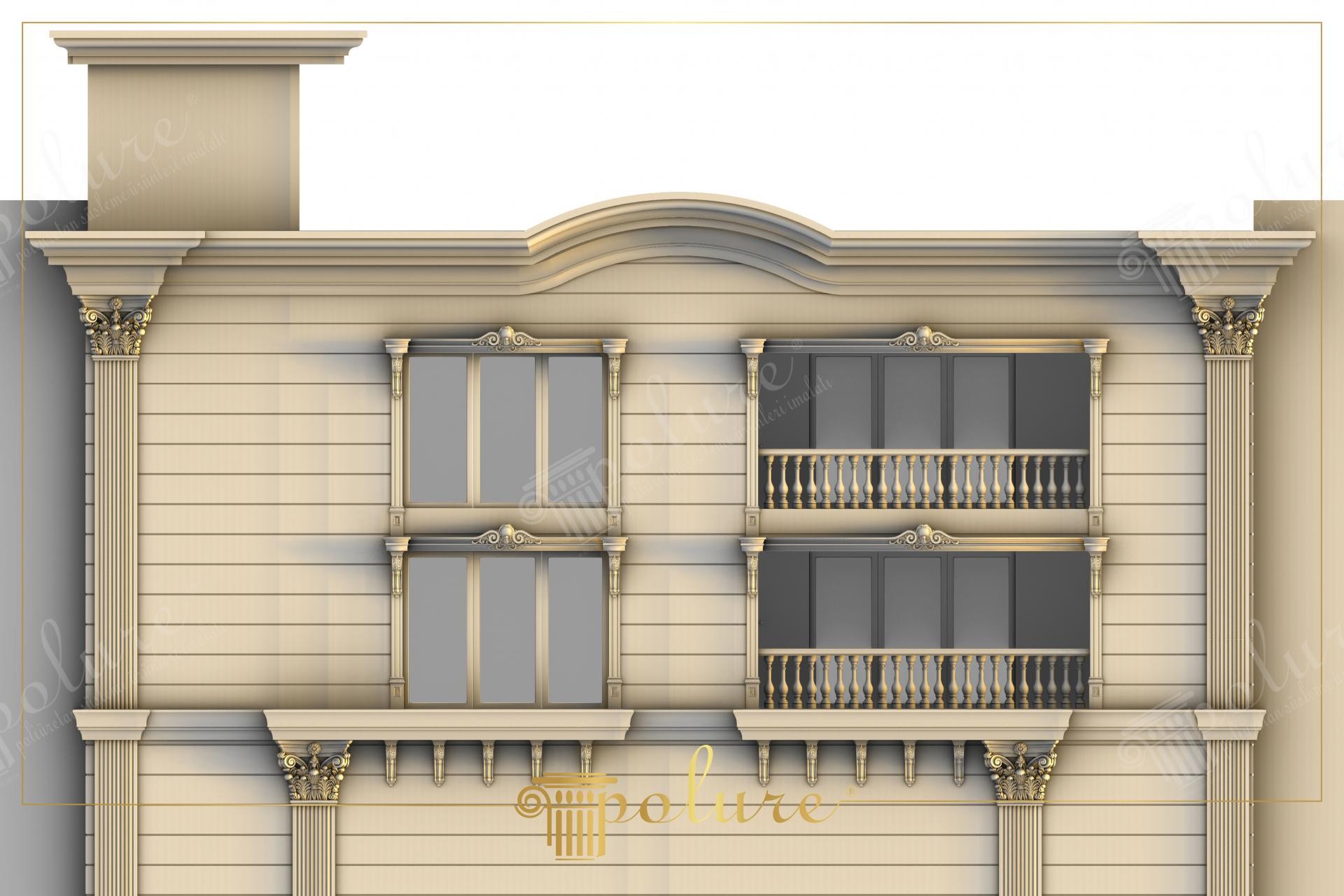 Klasik tarzda tasarlanmış, korint sütun başlıklı, balkon balustradlı ve söveli poliüretan dış cephe kaplama modeli.