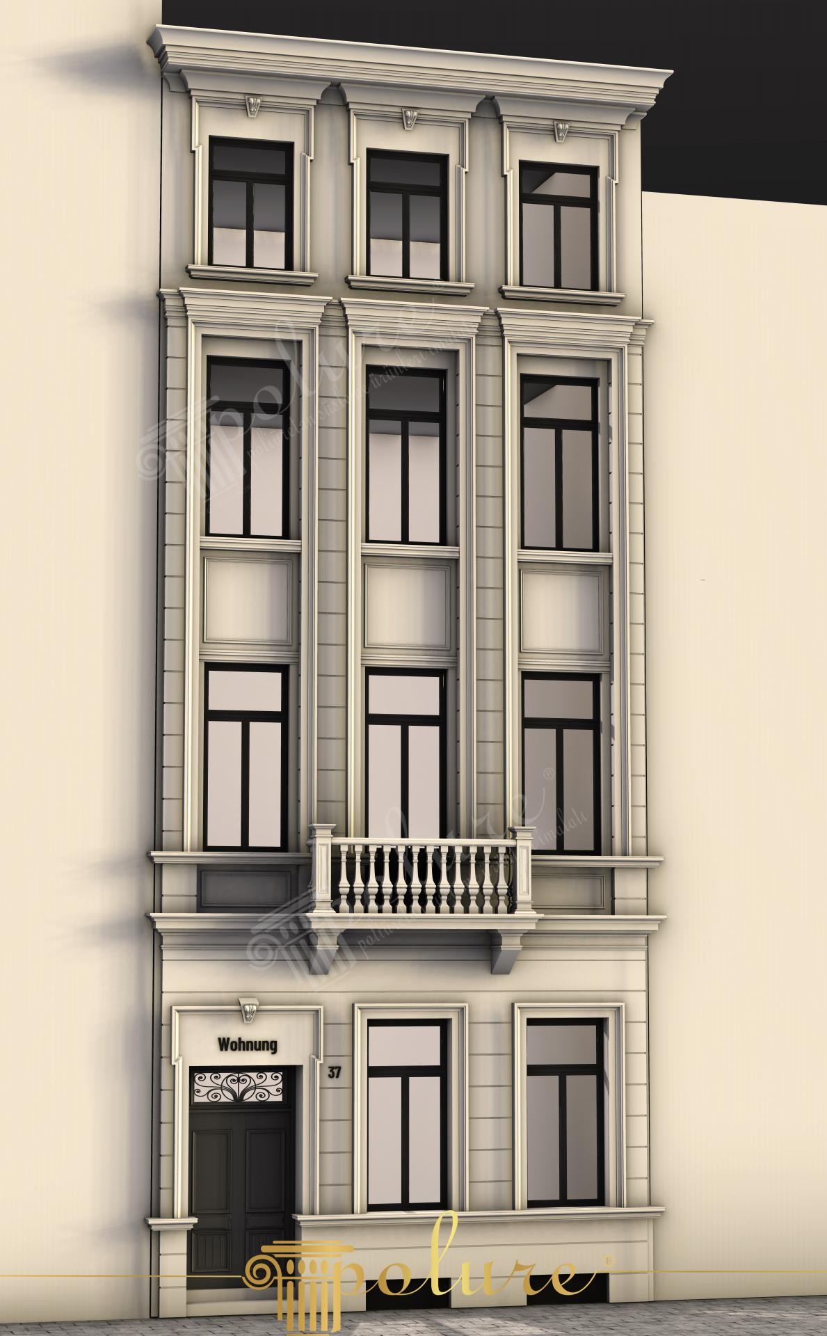 Poliüretan dış cephe söve, pilaster ve balustrad balkon korkuluğu kaplaması uygulanan çok katlı bina tasarımı.