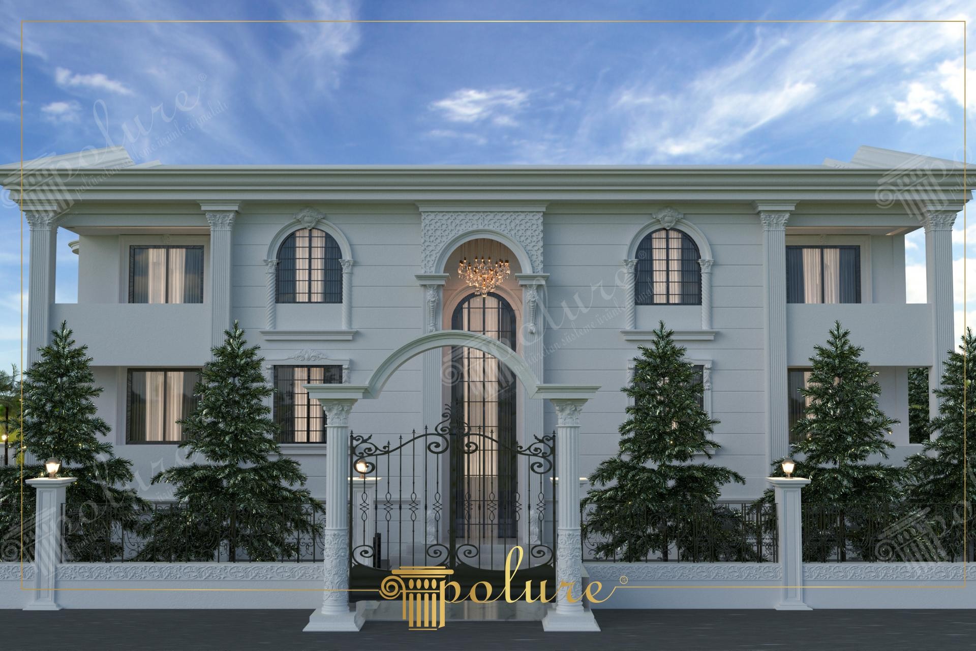 Geniş kemerli girişi, poliüretan yivli sütunları ve söveleri olan klasik beyaz iki katlı villa dış cephe tasarımı.