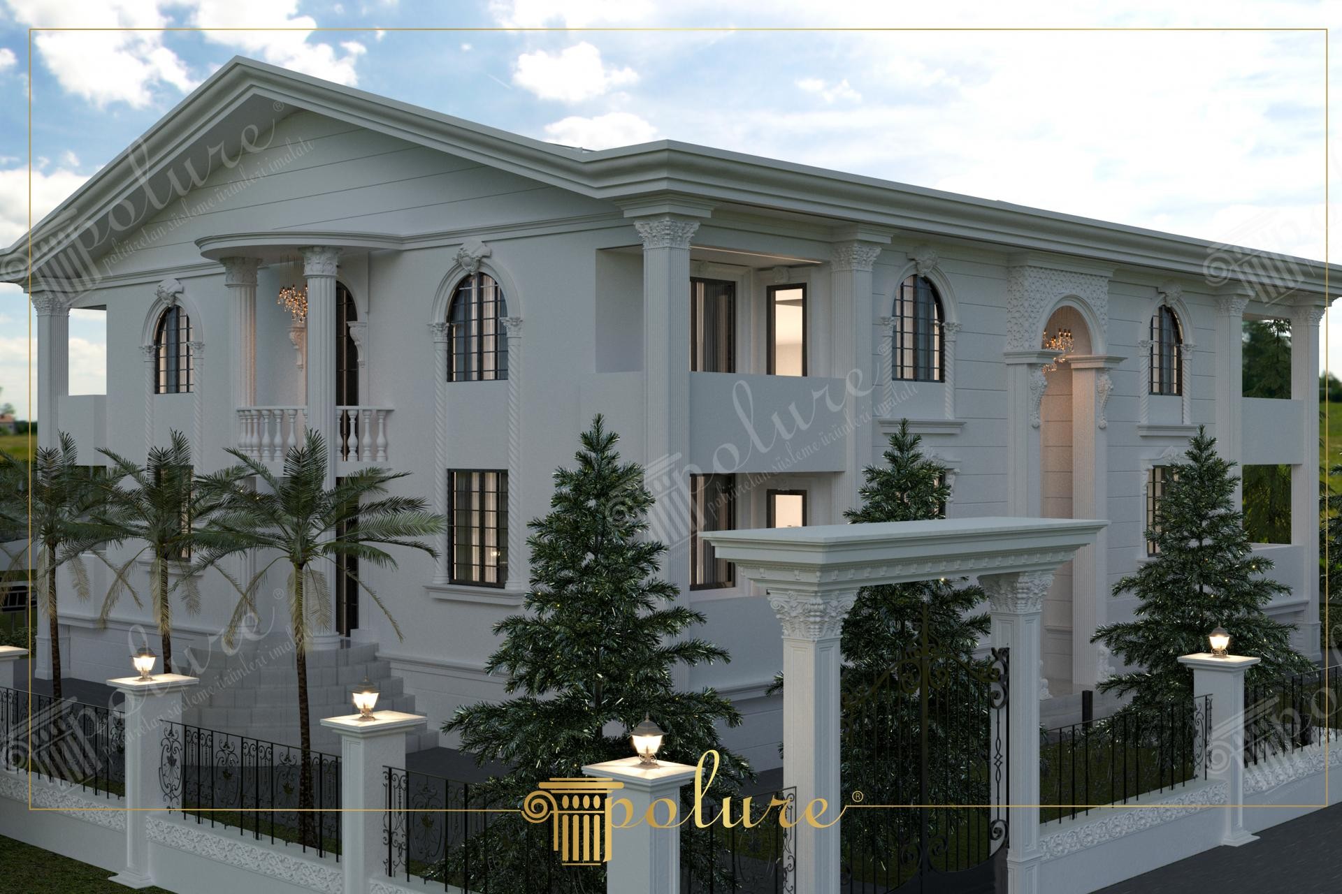 Poliüretan sütunlar, pencere söveleri ve kapı kemerleri ile dekore edilmiş beyaz iki katlı klasik villa dış cephesi.