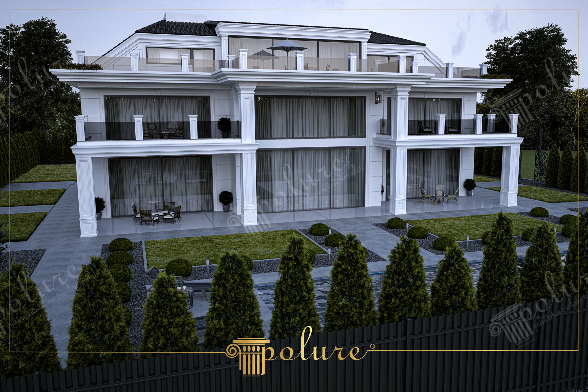 Lüks villa dış cephesinde kullanılan beyaz poliüretan kare sütun kaplamaları ve modern çatı kornişi detayları.