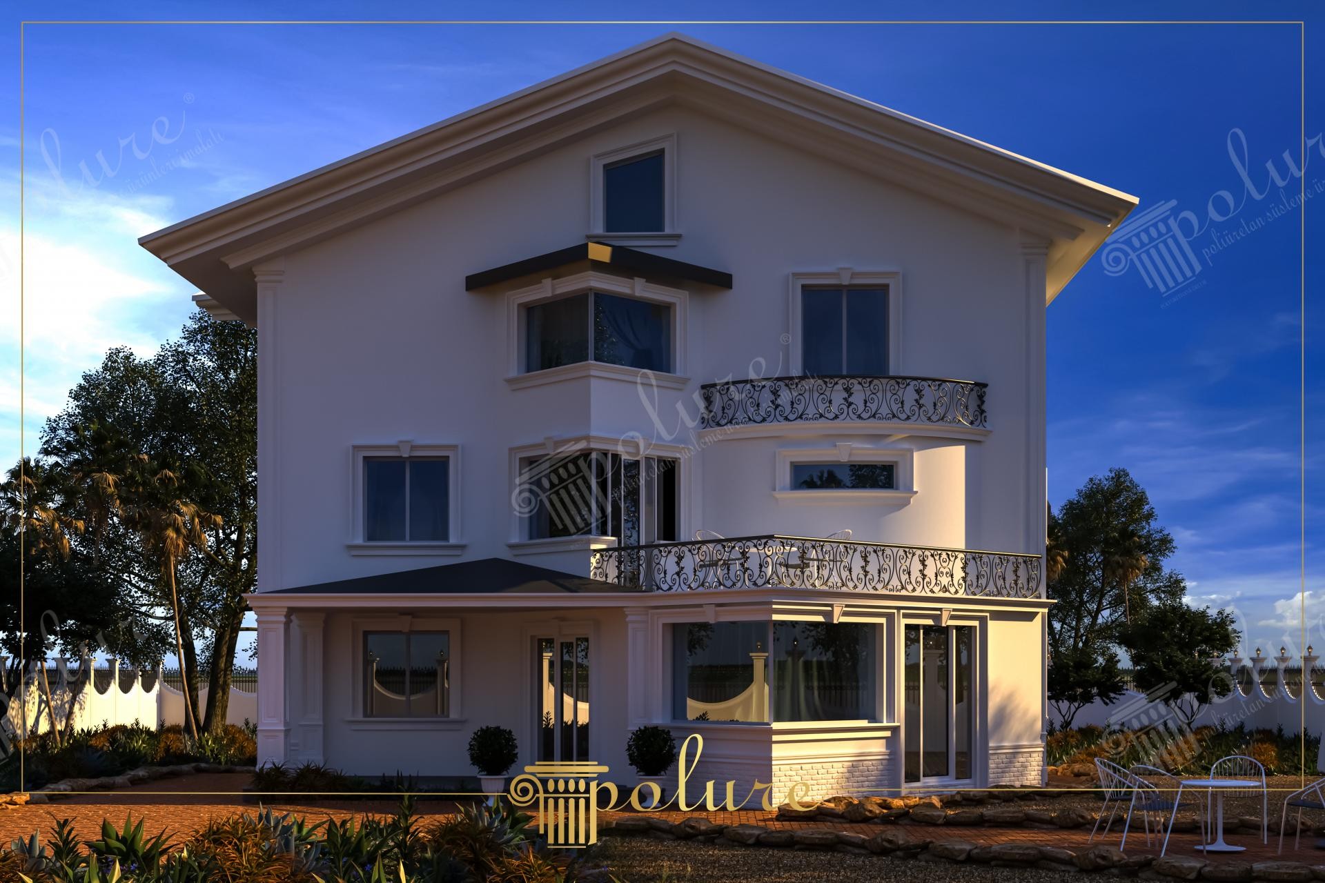 Üç katlı beyaz müstakil villa dış cephesinde poliüretan pencere sövesi, kat silmesi ve balkon dekorasyonu uygulaması.