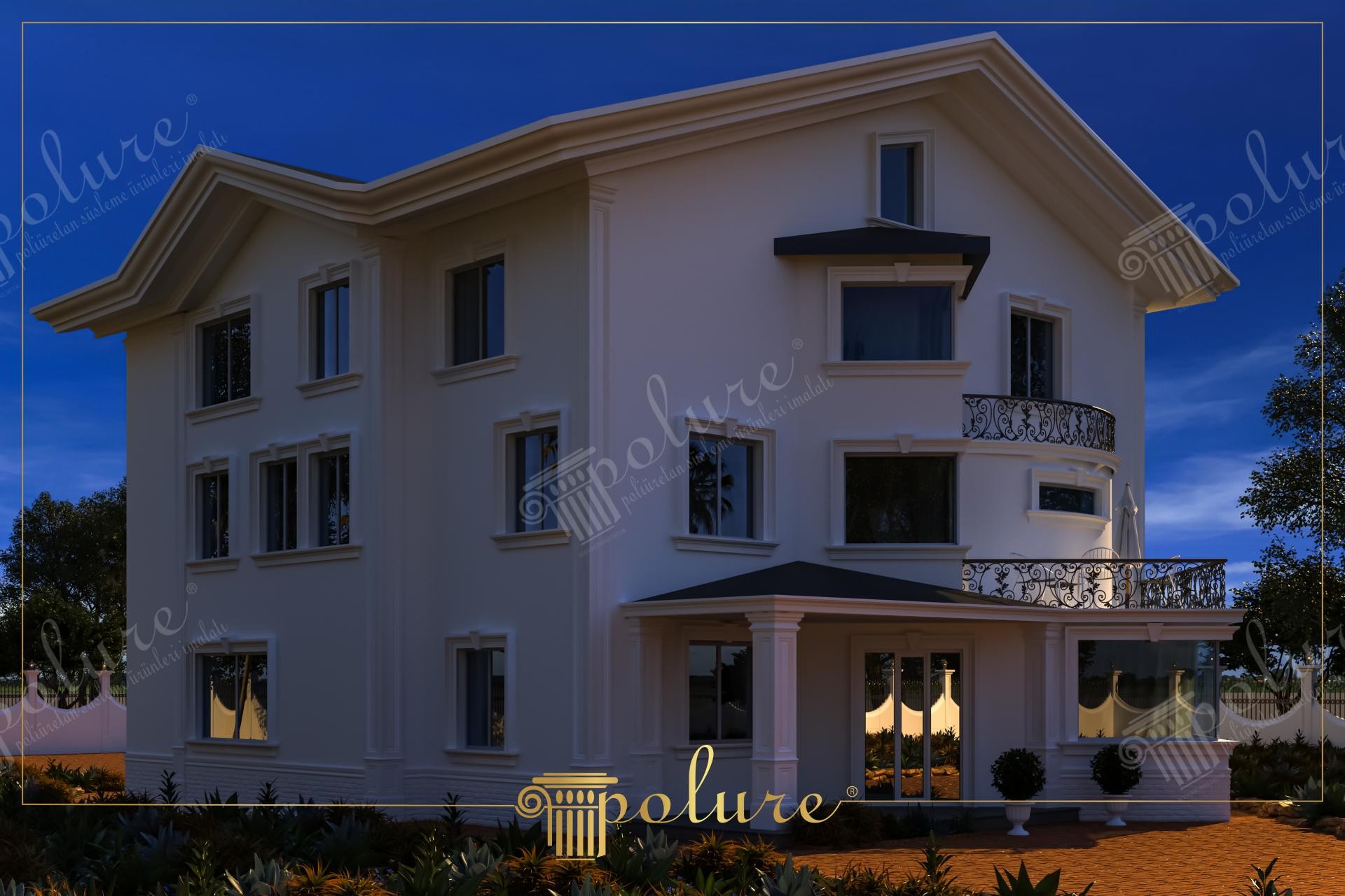 Görkemli villa dış cephesinde kullanılan beyaz poliüretan pencere söveleri, kat silmeleri ve sütun kaplamaları.