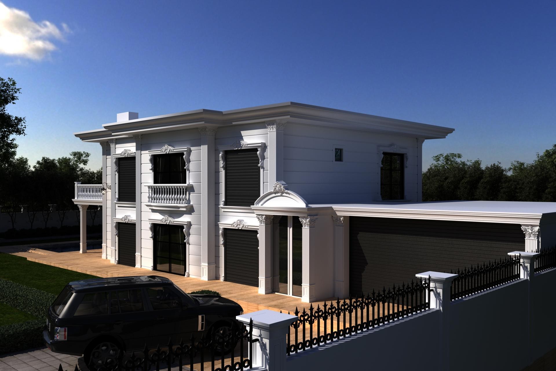 Poliüretan dış cephe söve, dikey pilaster ve kat silmesi kaplamalı iki katlı beyaz klasik villa tasarımı.