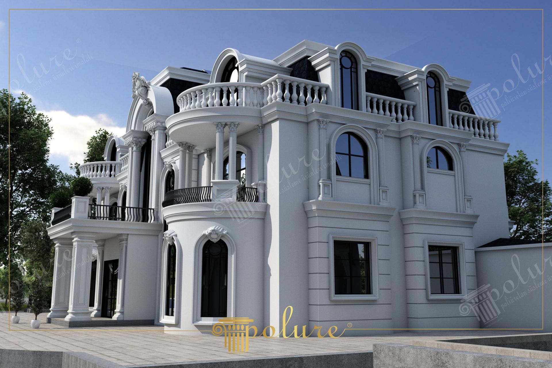 Klasik mimari villa dış cephesinde poliüretan söve, kemerli pencere profilleri ve dekoratif sütun kaplama modelleri.