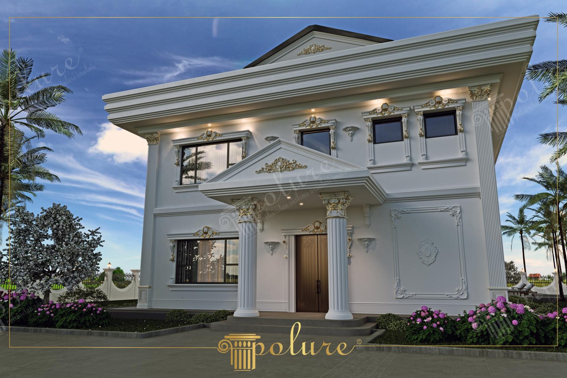 Klasik villa dış cephesinde poliüretan sütun kaplama, pencere sövesi ve çatı alınlığı süslemeleri uygulaması.