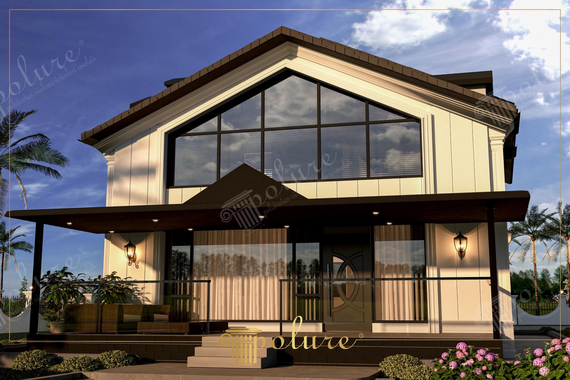Poliüretan dikey panel, pencere sövesi ve pilaster sütun kaplamalı iki katlı modern villa dış cephesi.