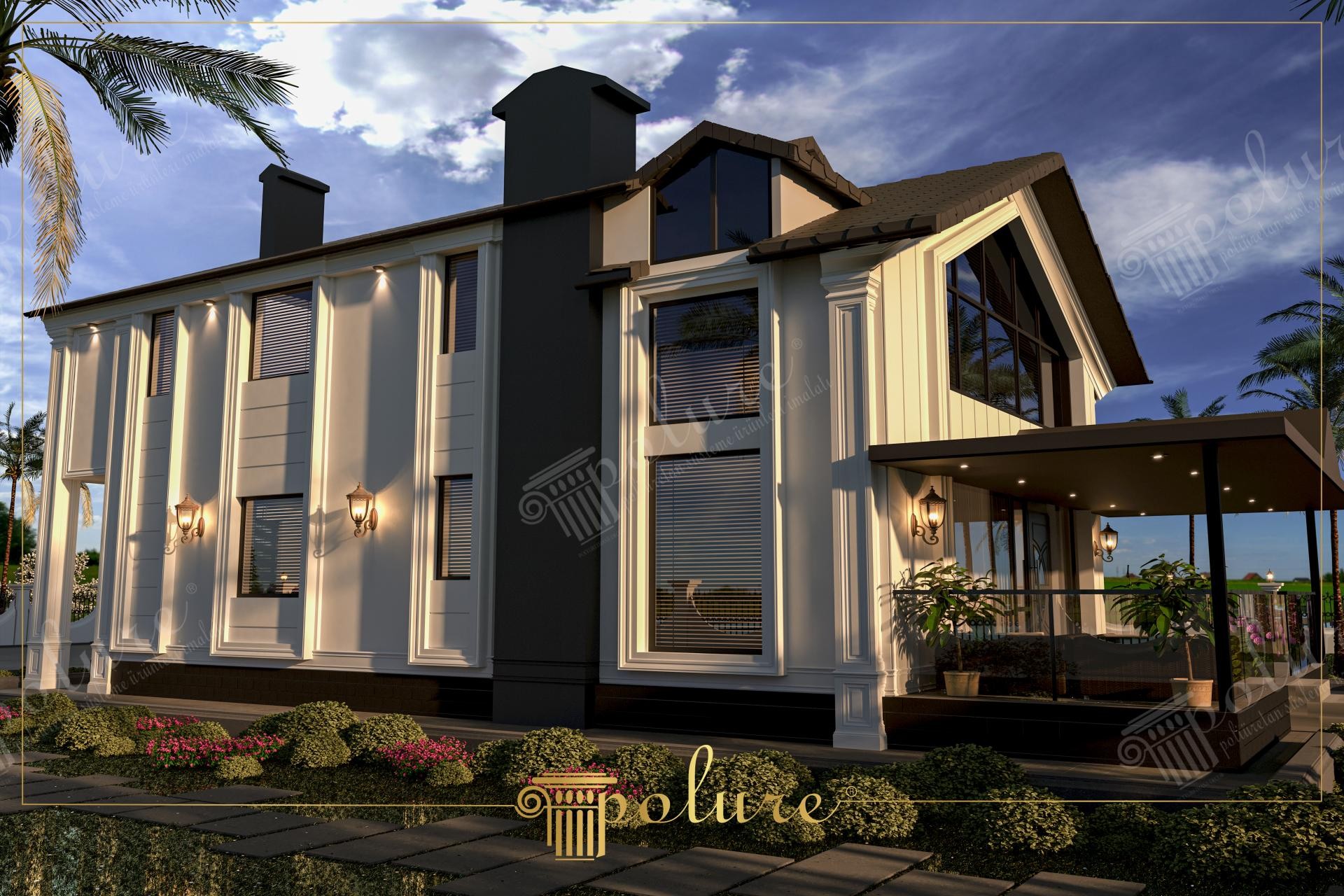 Siyah ve beyaz modern villa dış cephesinde poliüretan söve, dikey pilaster sütunlar ve cephe kaplama panelleri.