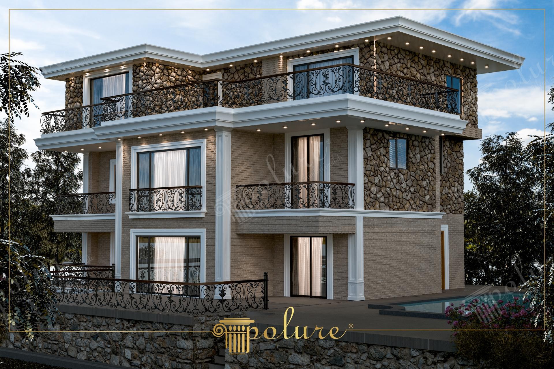 Poliüretan dış cephe söve, kat silmesi ve saçak altı korniş profilleri uygulanmış taş dokulu 3 katlı villa cephesi.