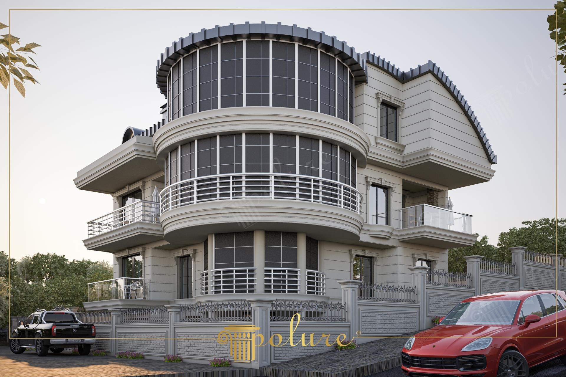 Poliüretan söve, kavis kemer ve yatay cephe panelleri ile kaplanmış modern çok katlı villa dış cephe tasarımı.