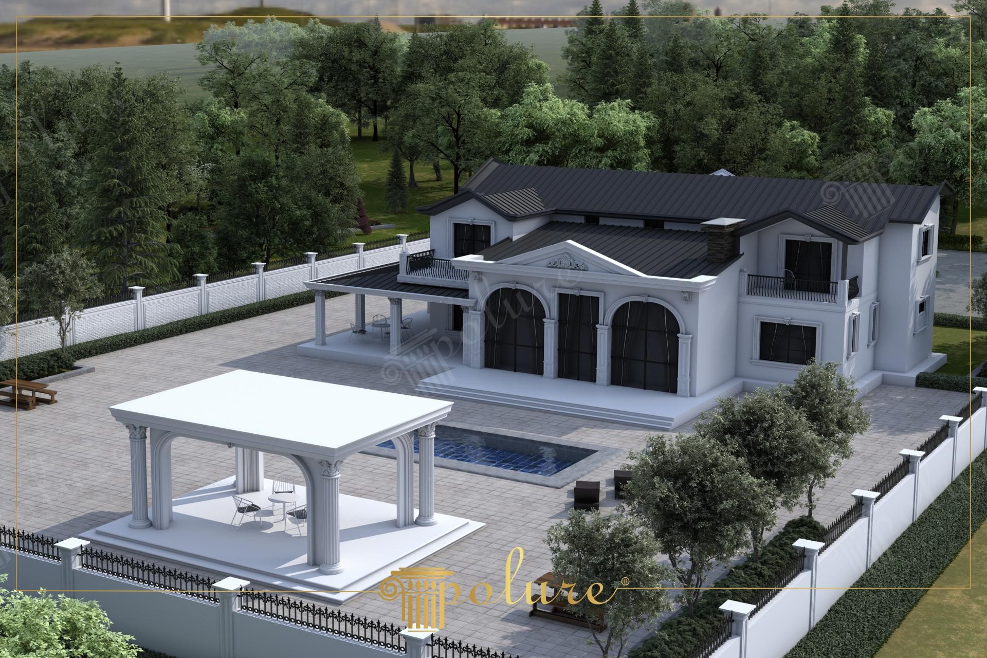Klasik villa dış cephesinde kullanılan poliüretan söve, sütun kaplama ve prekast kemer süsleme modelleri.