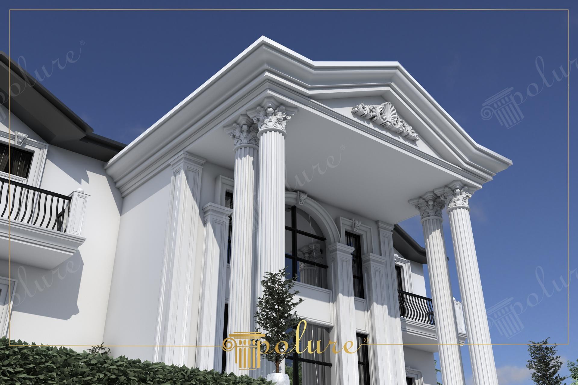 Poliüretan dış cephe sütun kaplamaları ve oymalı üçgen alınlık modeliyle tasarlanmış klasik villa revağı