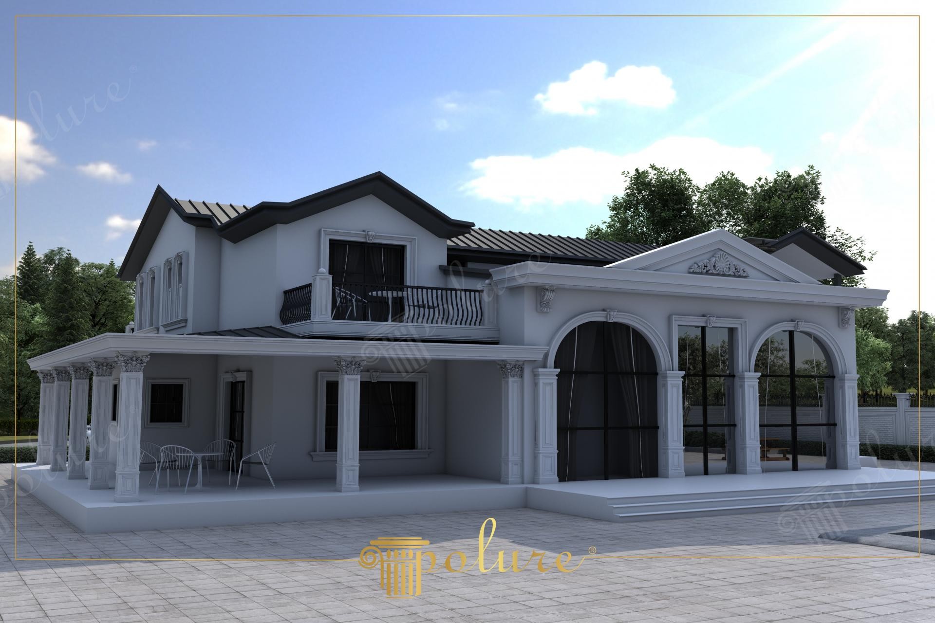 Klasik villa dış cephesinde poliüretan sütun kaplama, kemer sövesi ve üçgen alınlık dekorasyon uygulaması.