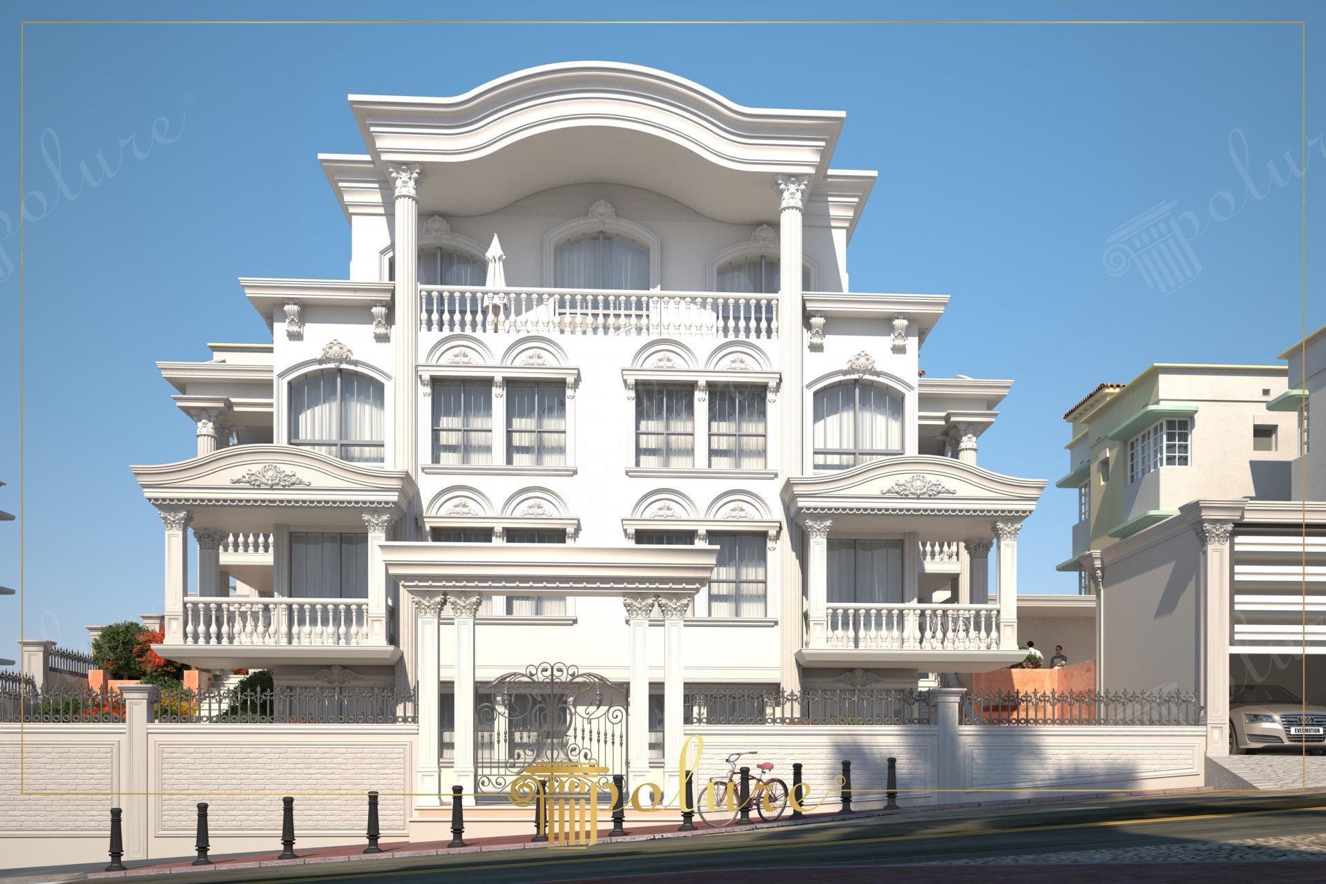 Klasik villa dış cephesinde uygulanan poliüretan söve, sütun kaplama, kat silmesi ve kemerli pencere modelleri.