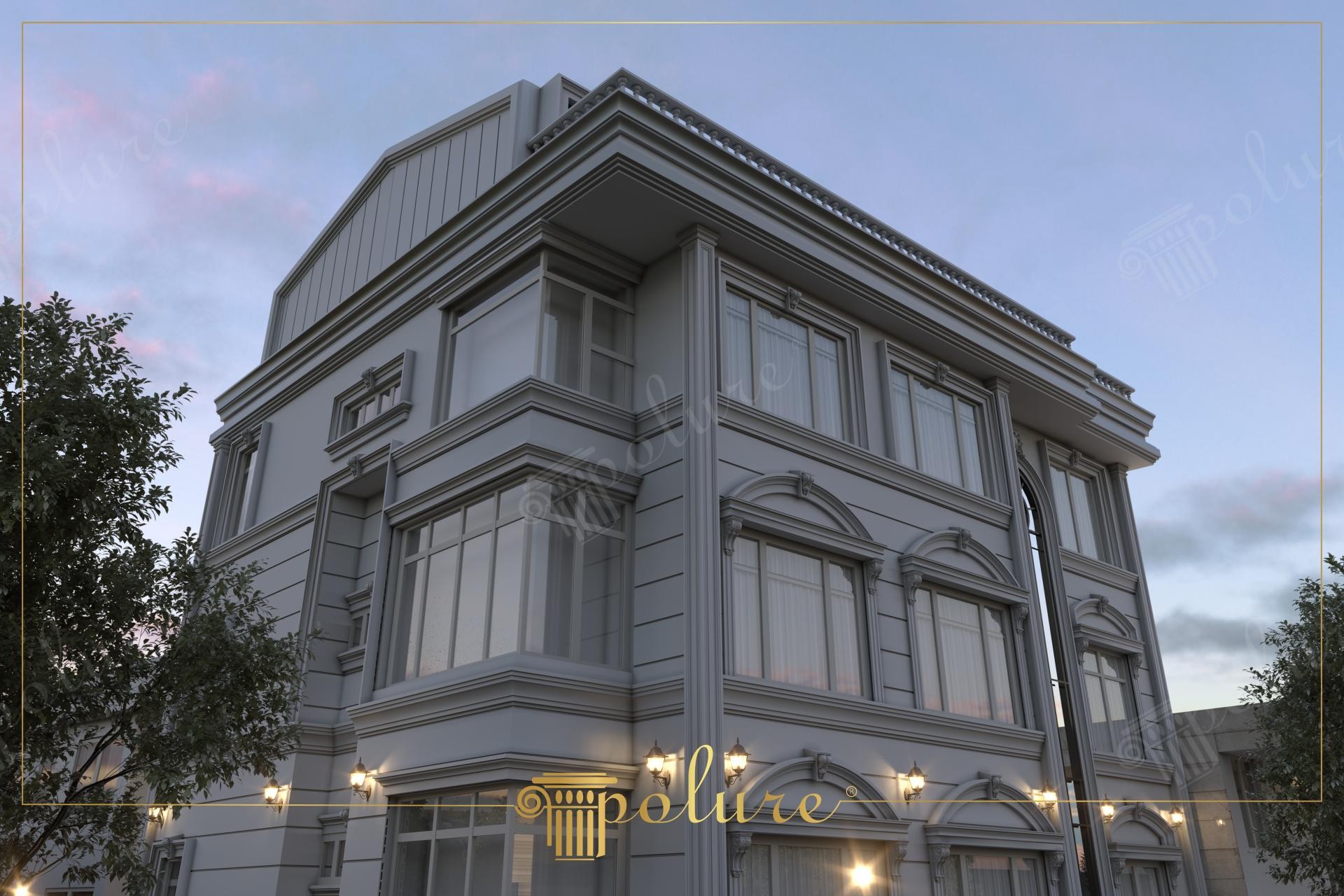 Poliüretan dış cephe söve, pilaster sütun kaplama ve kavisli kemer detaylı modern gri bina tasarımı.
