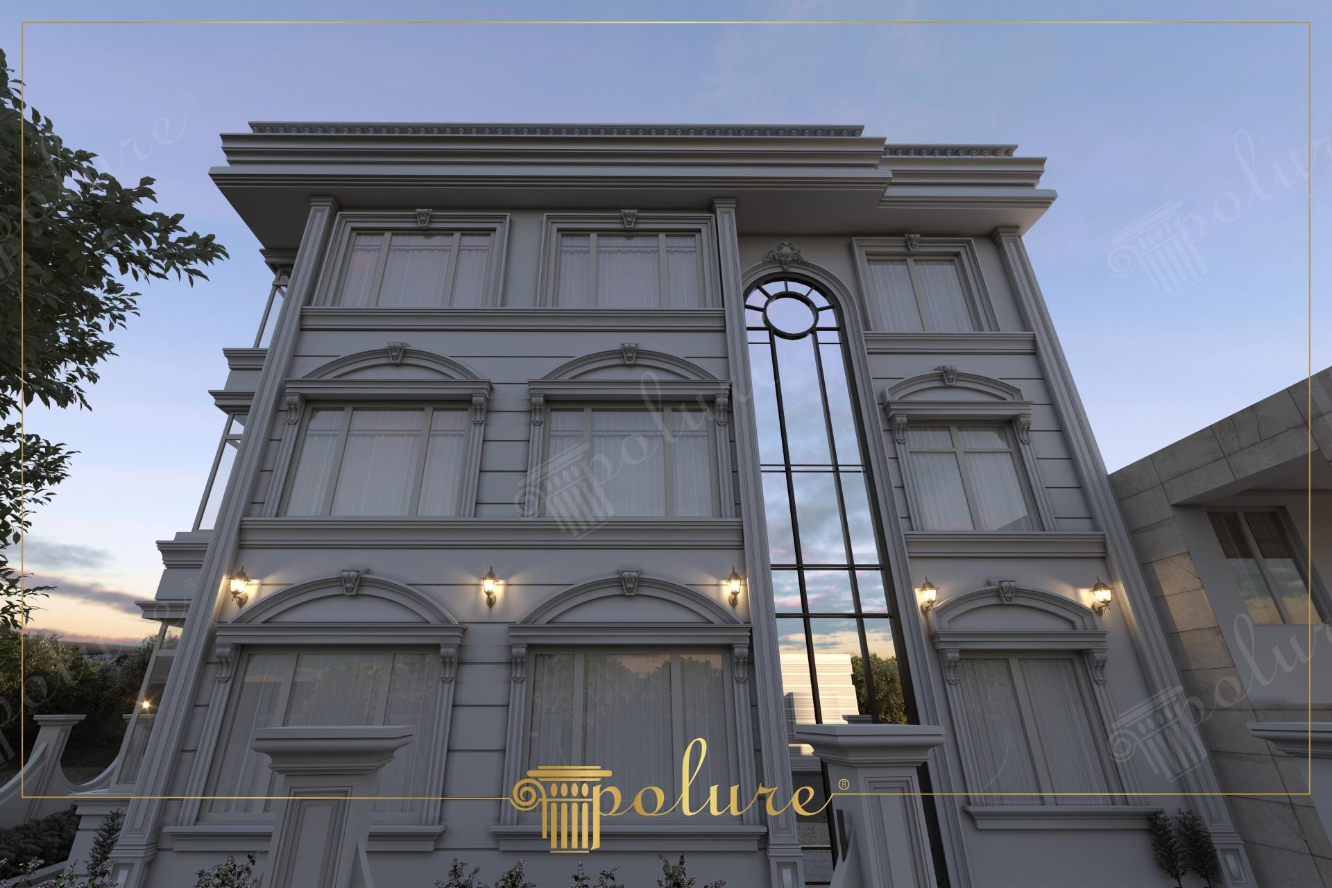 Poliüretan söve, kavisli kemer ve pilaster sütun kaplamalı modern klasik 3 katlı villa dış cephe tasarımı