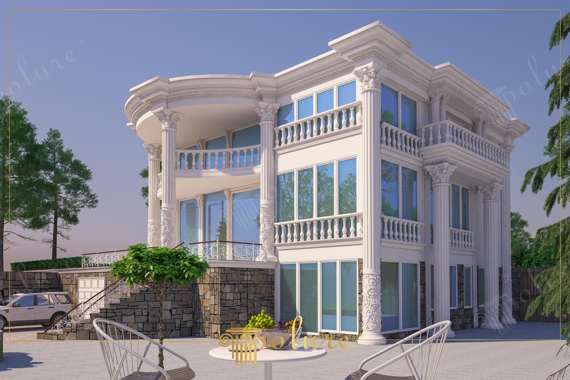 Beyaz poliüretan sütun ve balkon korkulukları ile dekore edilmiş iki katlı villa dış cephe modeli.