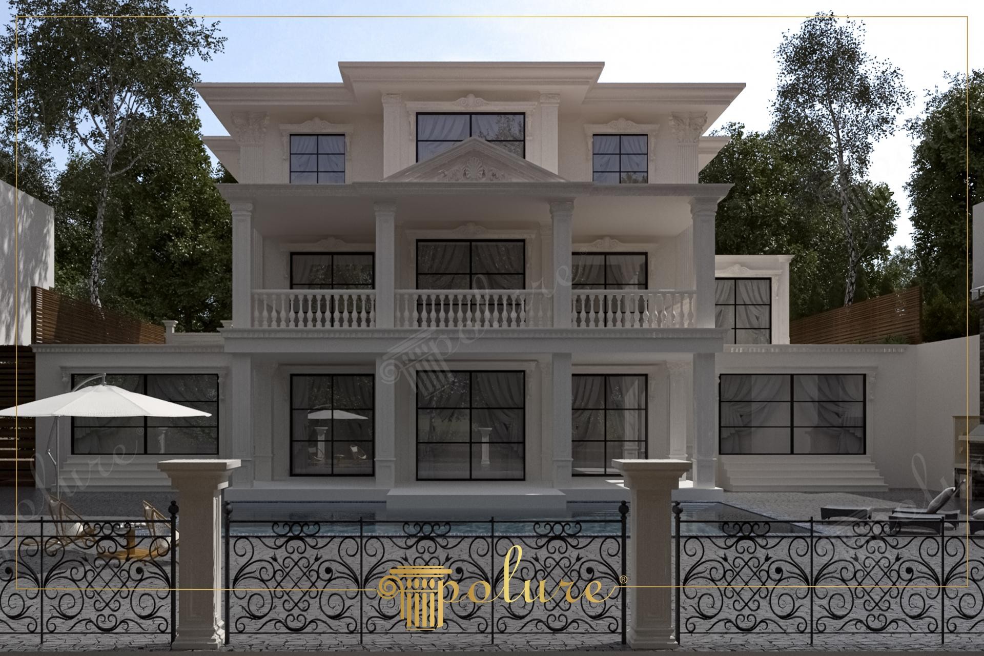 Poliüretan dış cephe sütun kaplama, pencere sövesi ve balustrad detaylı neoklasik villa cephe tasarımı