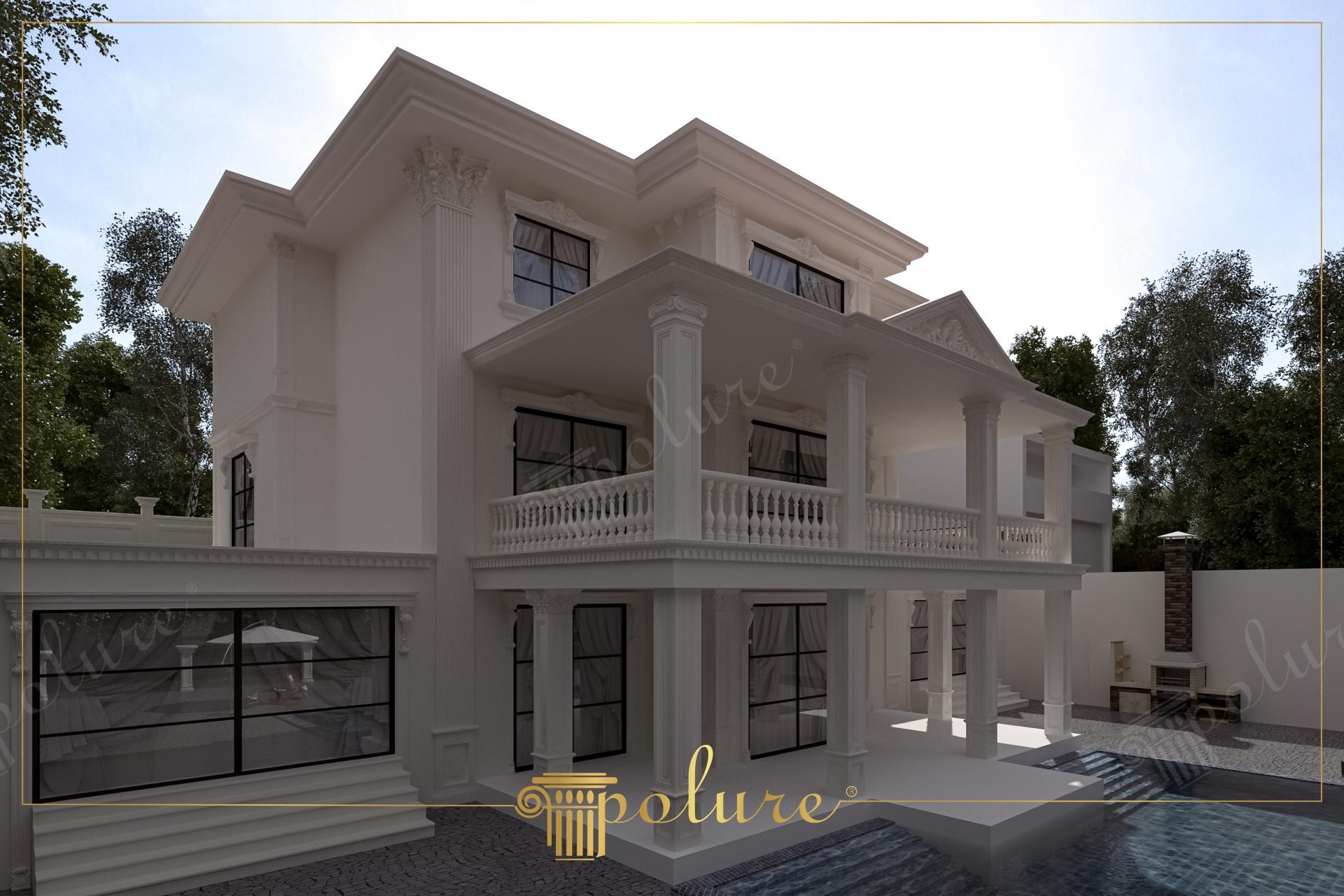 Poliüretan sütun, balkon korkuluğu ve pencere sövesi kaplamalı beyaz klasik villa dış cephe tasarımı.