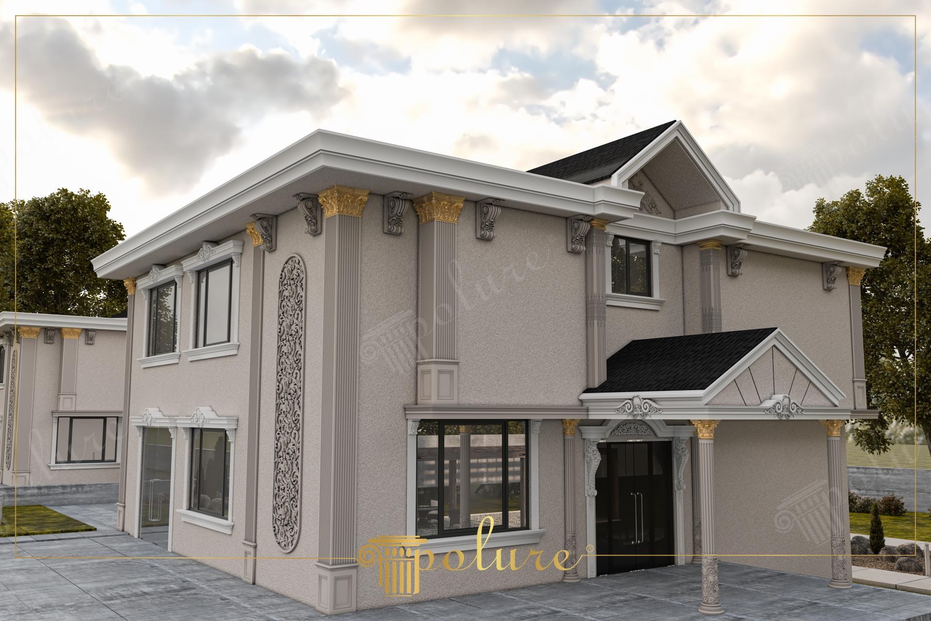 İki katlı lüks villa dış cephesinde poliüretan söve, pilaster sütun ve dekoratif payanda uygulaması
