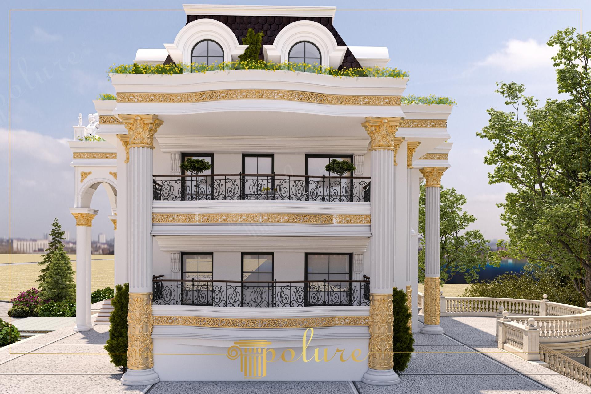 Poliüretan kaplama ile dekoratif oluklu sütunlar, söveler ve balustrad korkuluklar kullanılan klasik villa dış cephesi.