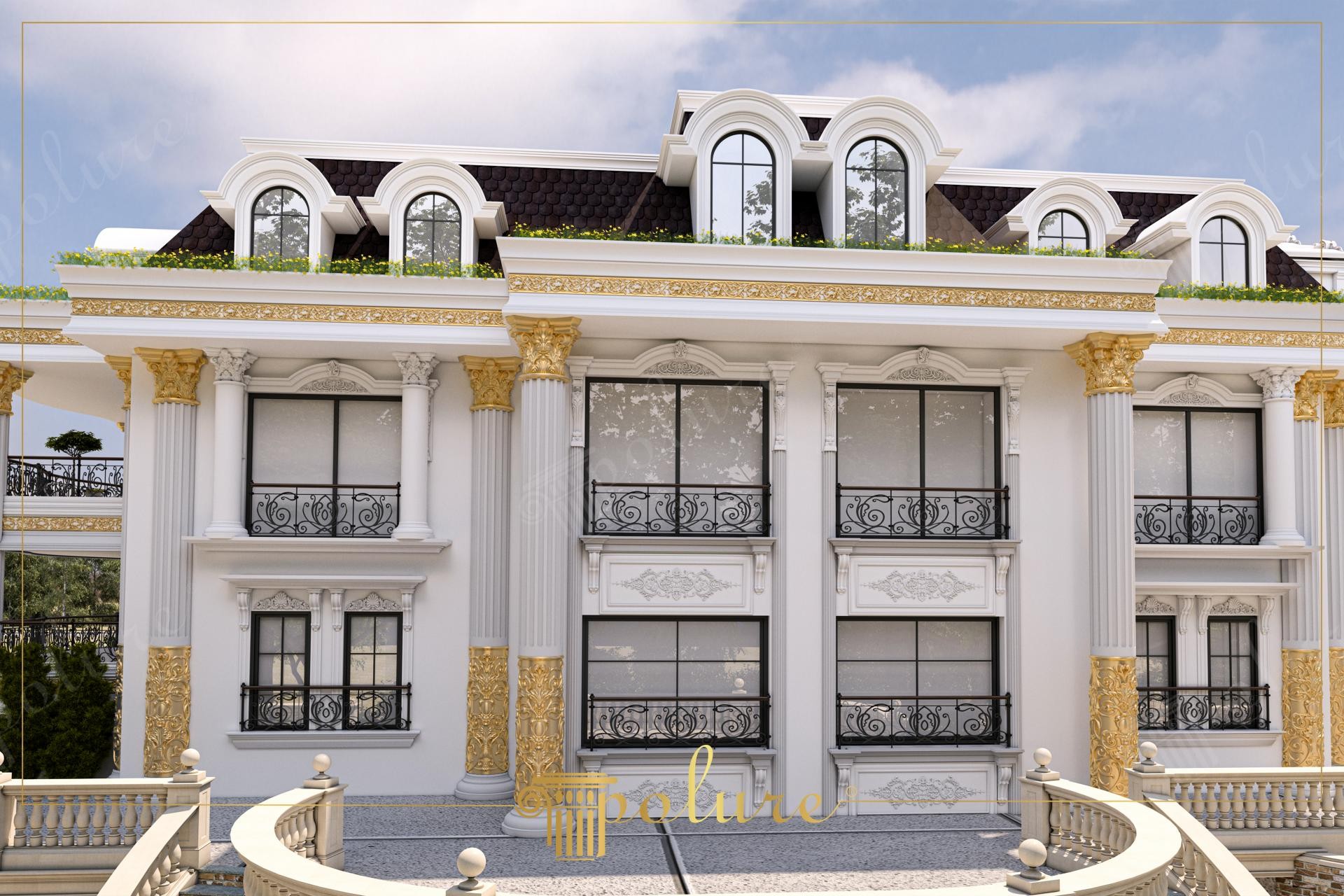 Altın varak detaylı poliüretan sütunlar, pencere söveleri ve küpeşte balustrad ile klasik villa dış cephe kaplaması.