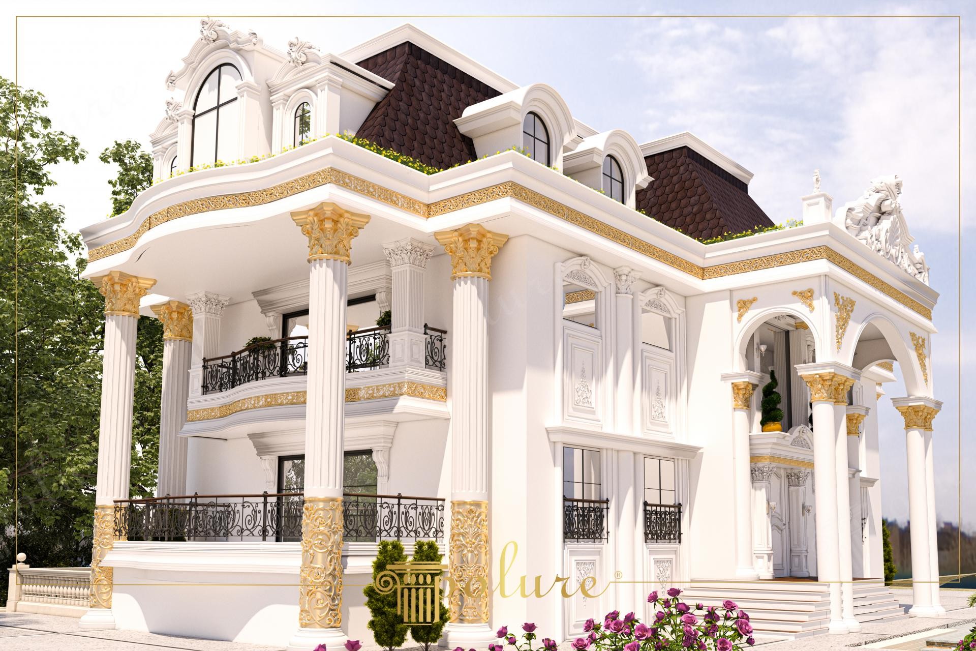 Klasik villa dış cephesinde poliüretan sütun, pencere sövesi ve altın varaklı dekoratif kaplama modelleri.