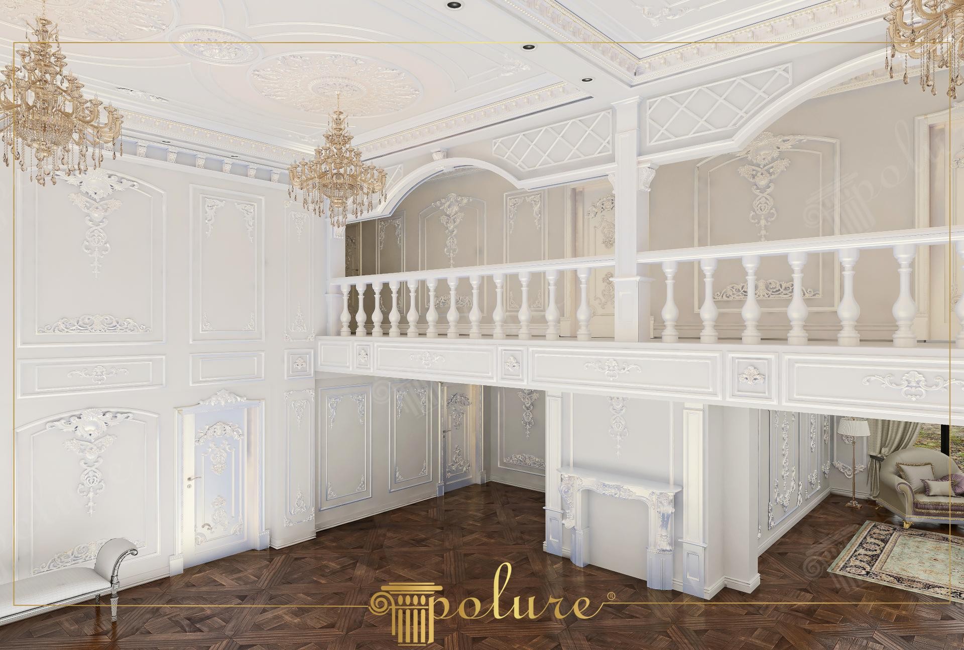Poliüretan pilaster sütun ve duvar çıtaları ile dekore edilmiş yüksek tavanlı villa salon ve galeri alanı.