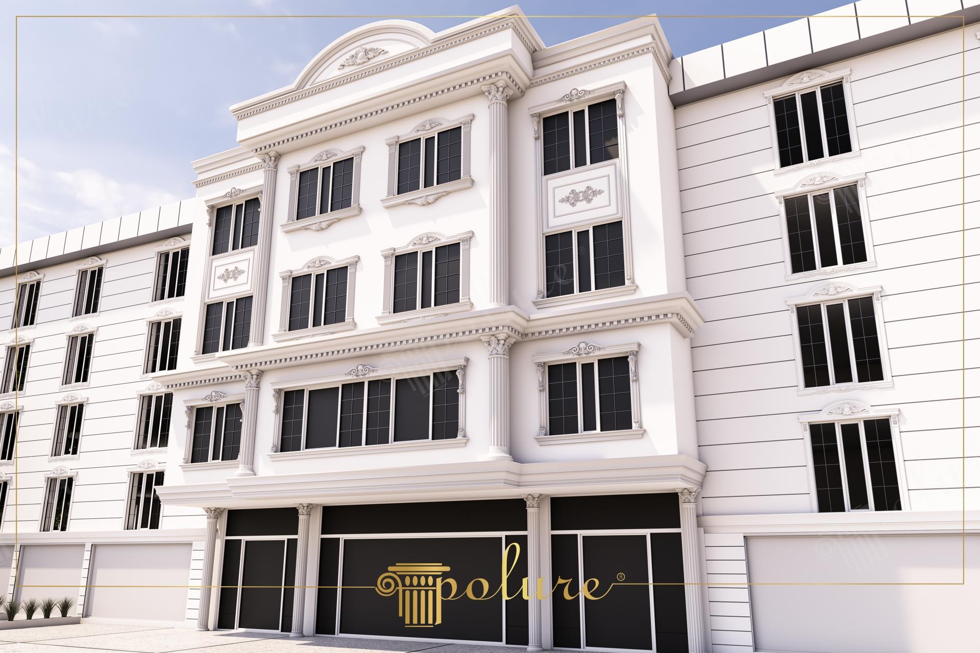 Beyaz poliüretan pencere sövesi, pilaster sütun ve dekoratif taç modelleriyle tasarlanmış klasik bina dış cephesi