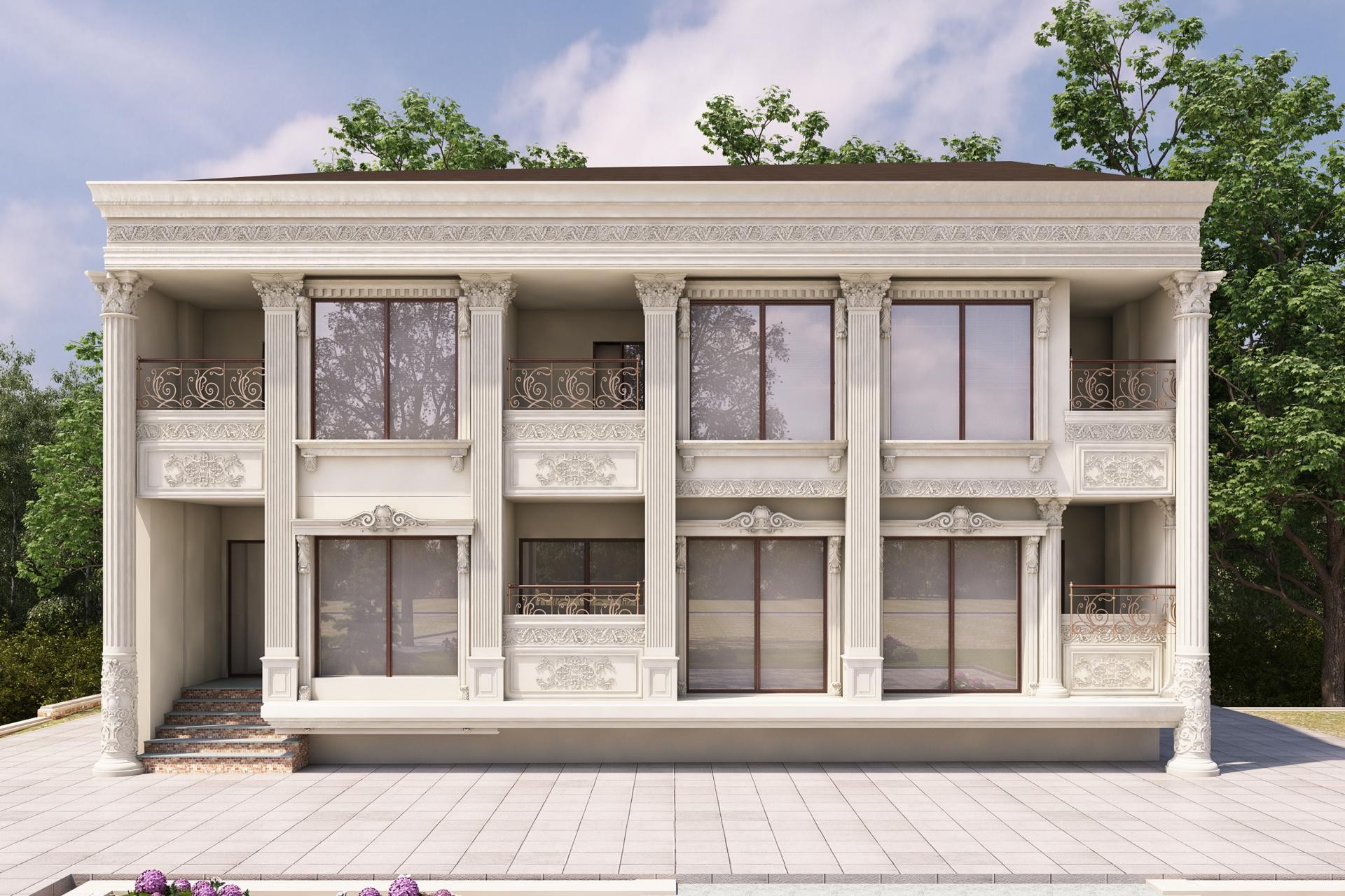 Poliüretan dış cephe sütun, pilaster ve söve kaplamaları ile tasarlanmış iki katlı klasik villa cephesi.