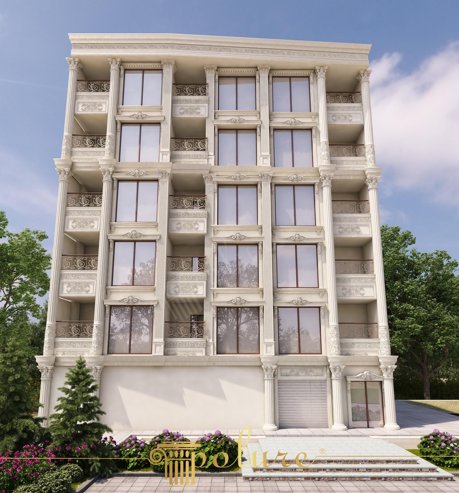 Klasik altı katlı binanın dış cephesinde kullanılan poliüretan pilaster sütunlar, pencere söveleri ve kat silmesi kaplamaları.