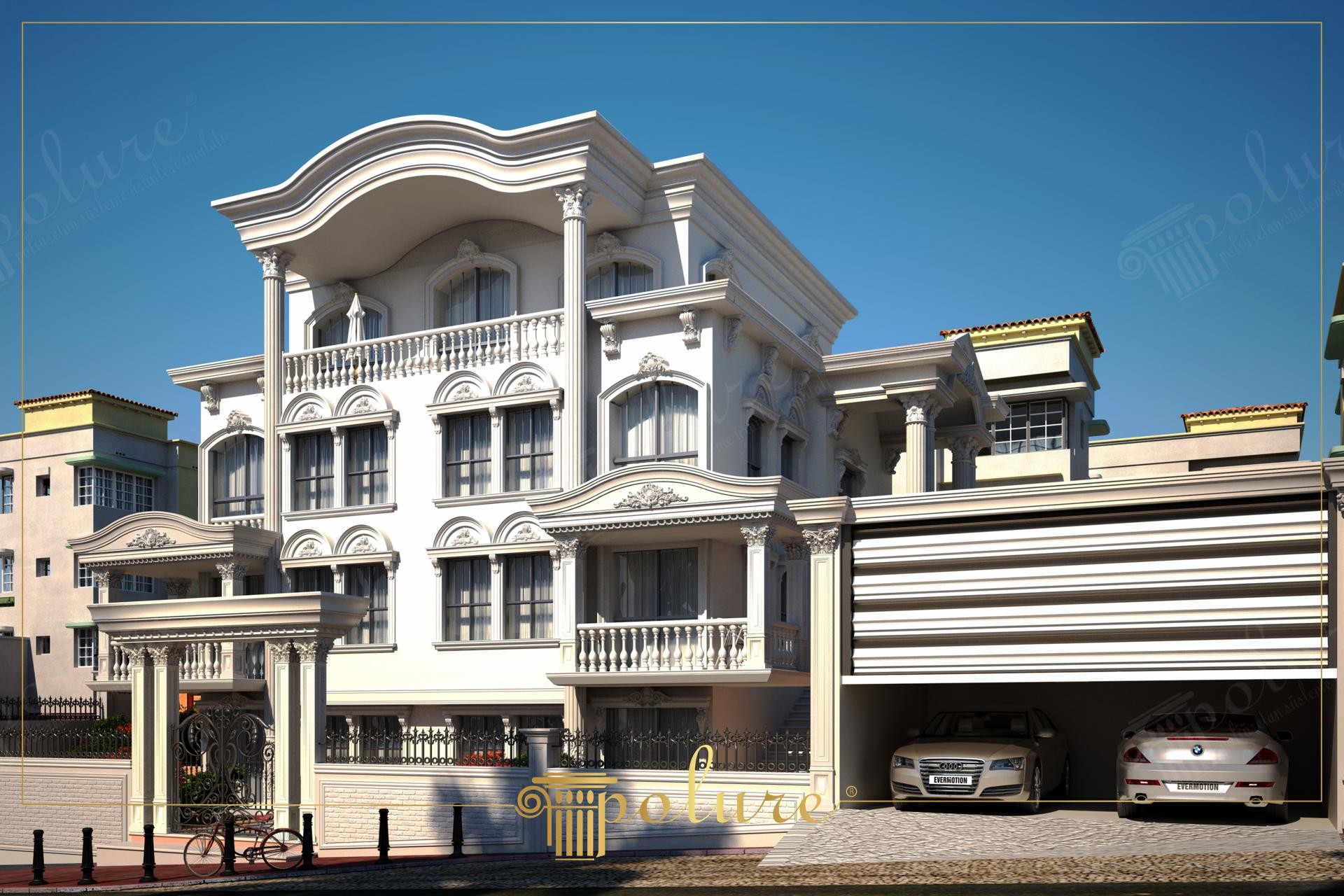 Klasik villa dış cephesinde kullanılan poliüretan söve, dairesel sütun ve pencere tacı kaplama modelleri.
