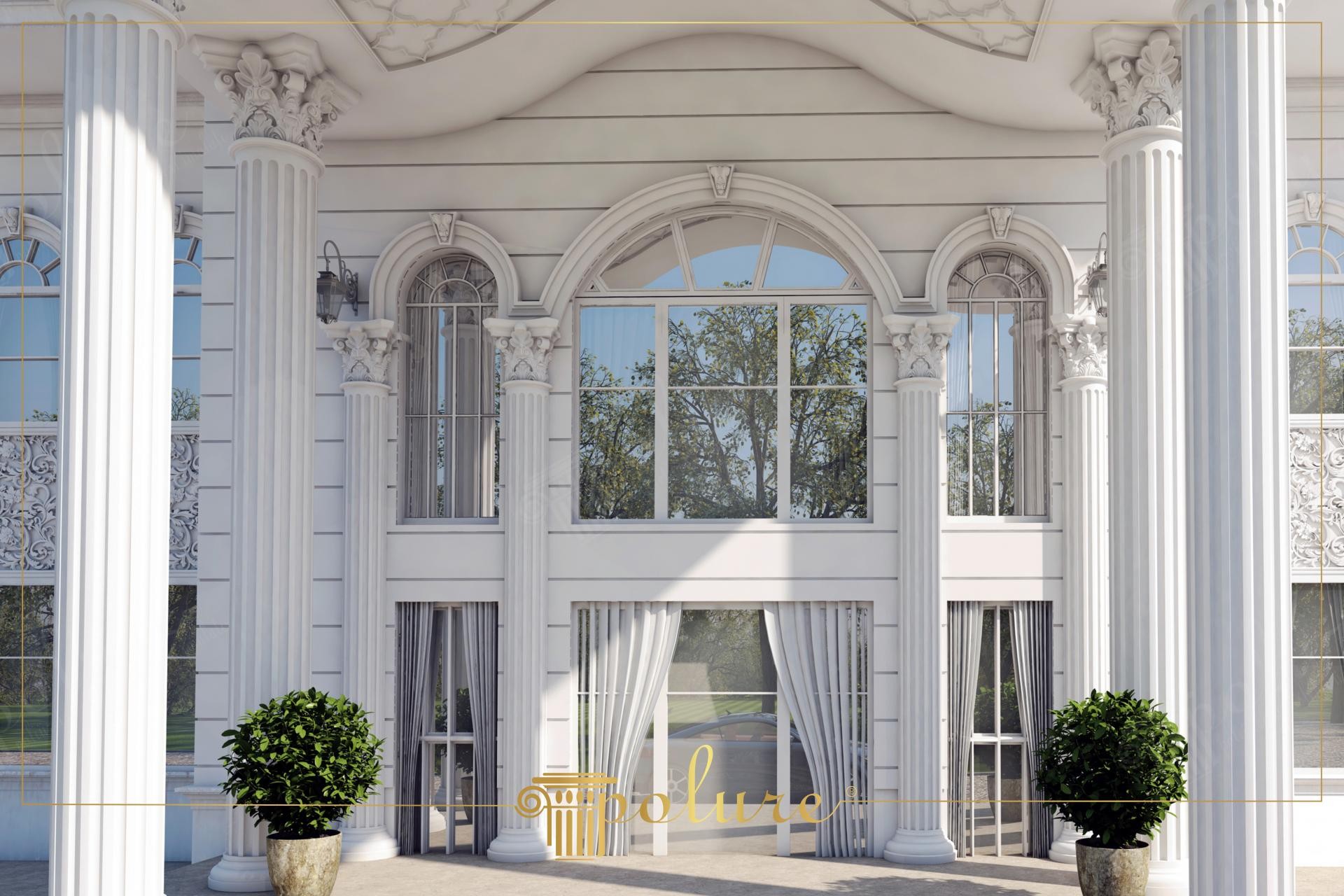Poliüretan sütun ve kemer kaplamalı villa dış cephe tasarımı ve ekonomik dekoratif panel uygulaması