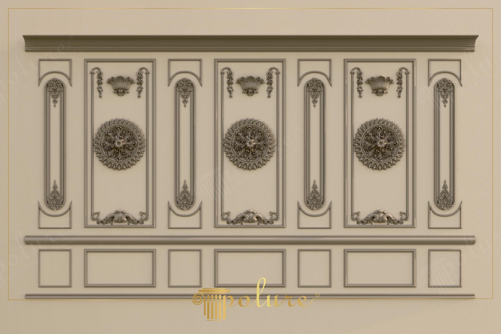 Poliüretan duvar çıtaları, P83091 tavan kornişi ve dekoratif göbek ile tasarlanmış klasik boiserie panel uygulaması.
