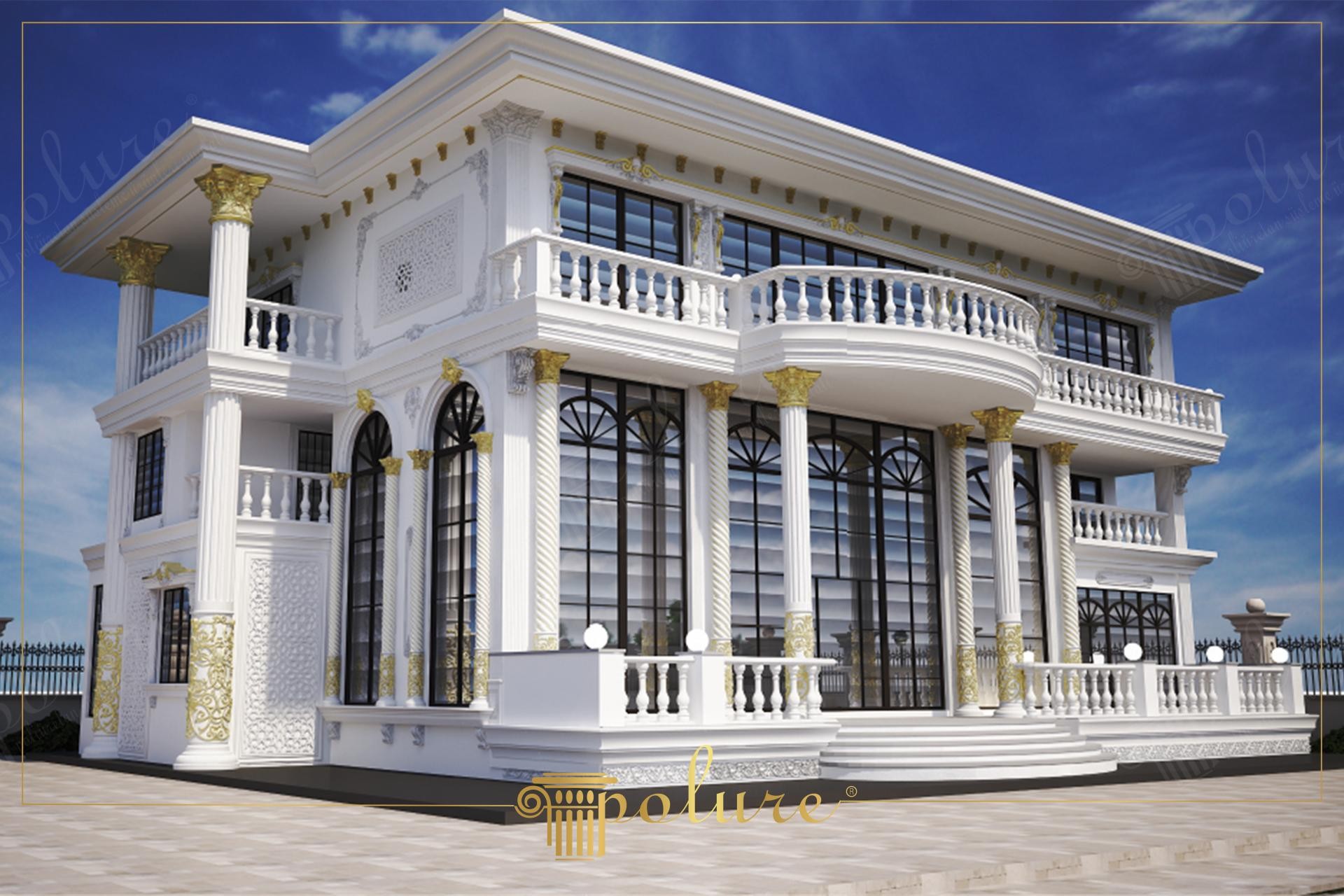 Poliüretan dış cephe sütunları, kemerli pencere söveleri ve altın detaylı balkon korkuluk süslemelerine sahip klasik villa.