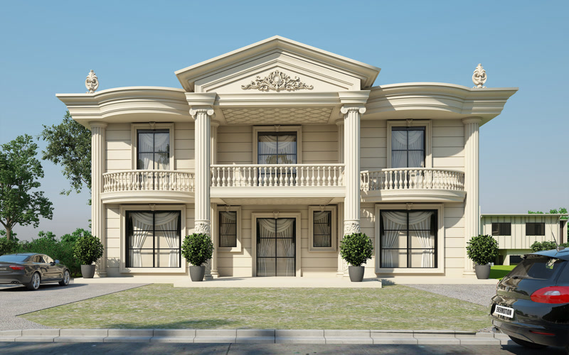 Poliüretan sütunlar, balkon balustradı ve pencere söveleri ile tasarlanmış iki katlı klasik villa dış cephesi.