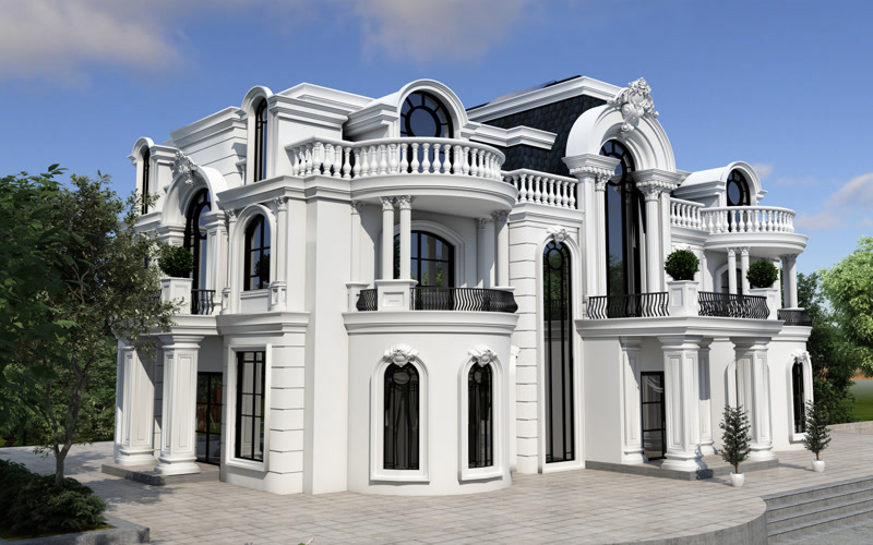 Beyaz poliüretan sütunlar, söveler ve balustrad korkuluklar ile dekore edilmiş klasik üç katlı villa dış cephe kaplaması.