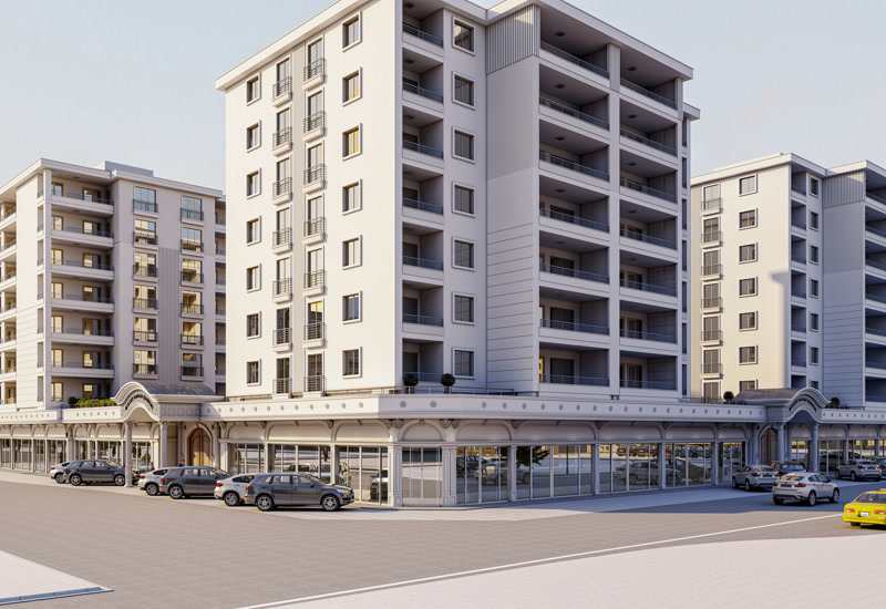 Poliüretan dış cephe kaplama, pilaster sütun, pencere sövesi ve dükkan kemer modelleri ile ticari bina tasarımı.